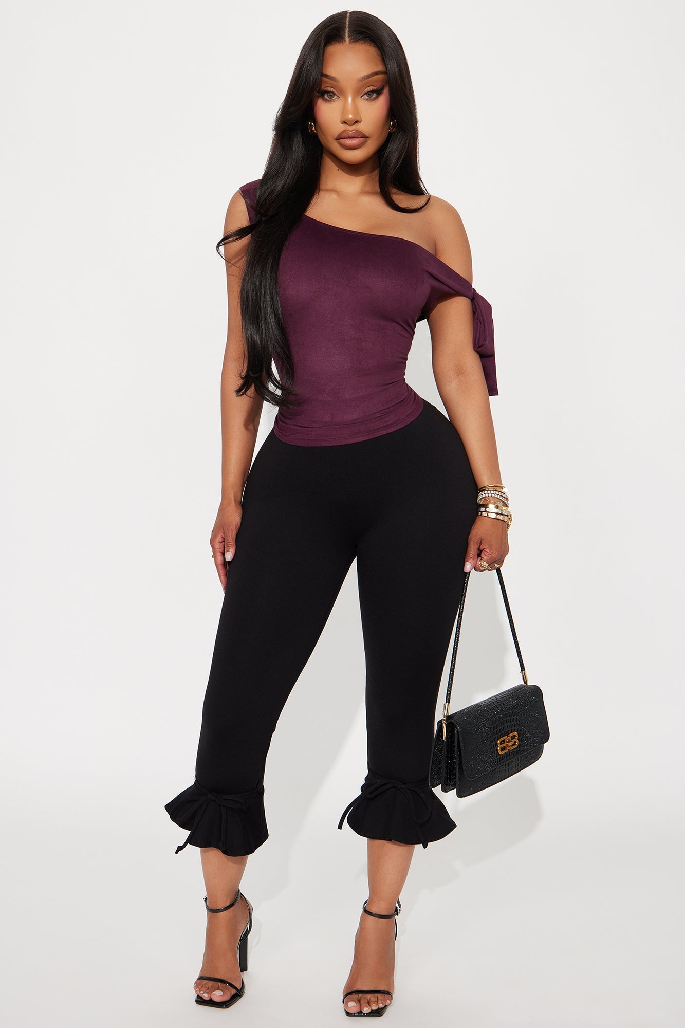 Rilla Off Shoulder Faux Suede Top - Eggplant
