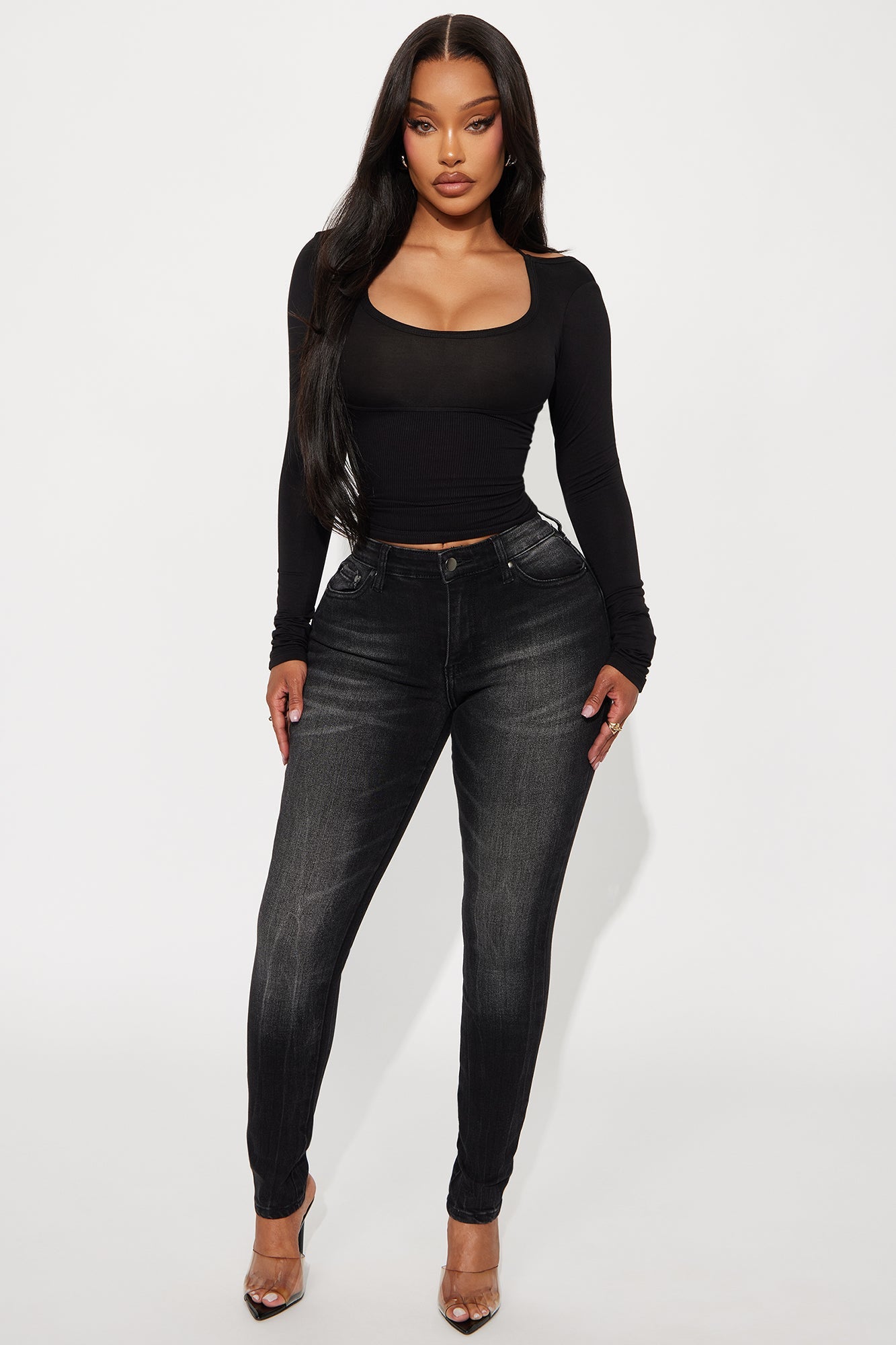 Evolet Long Sleeve Ribbed Top - Black