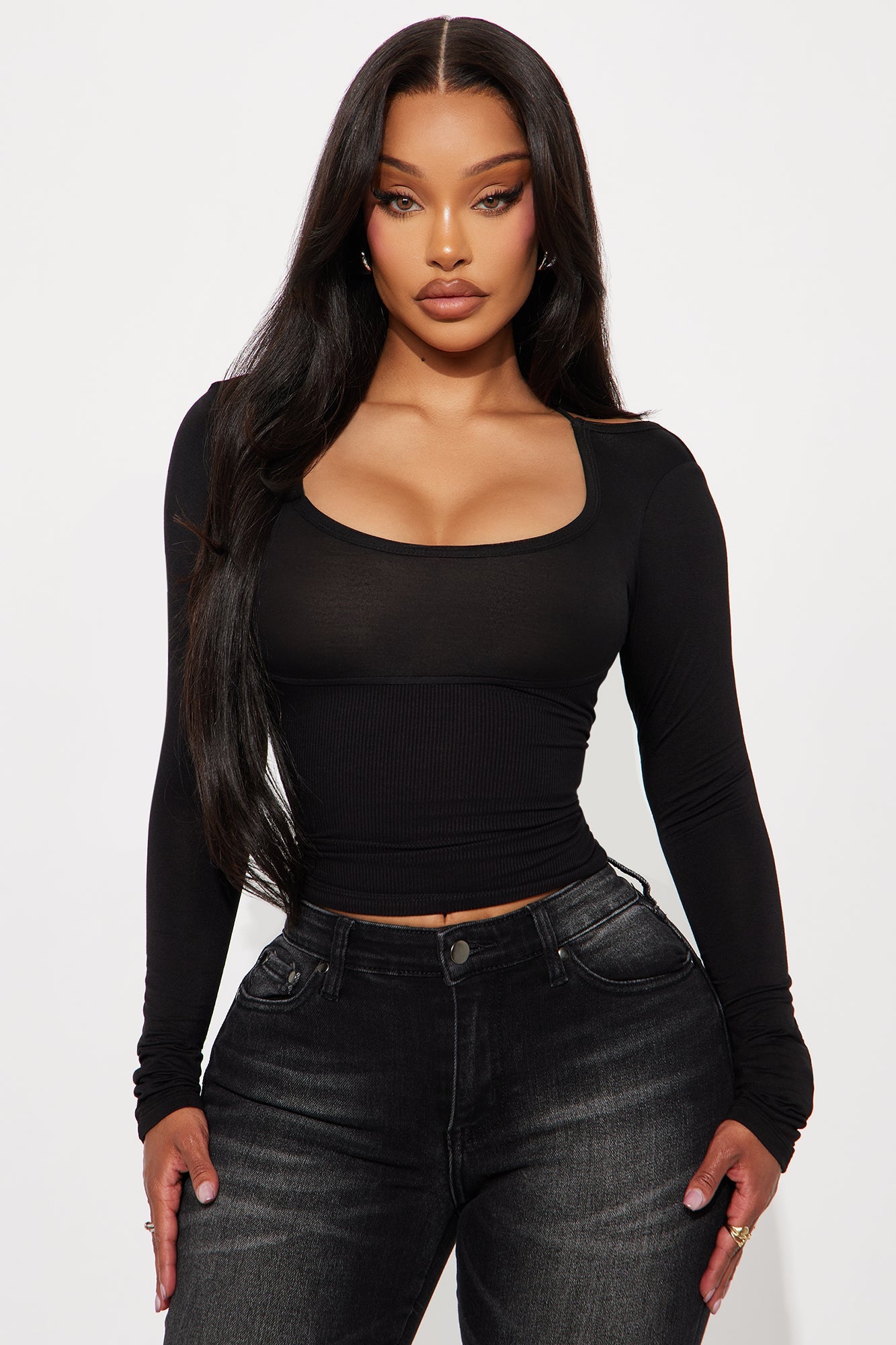 Evolet Long Sleeve Ribbed Top - Black