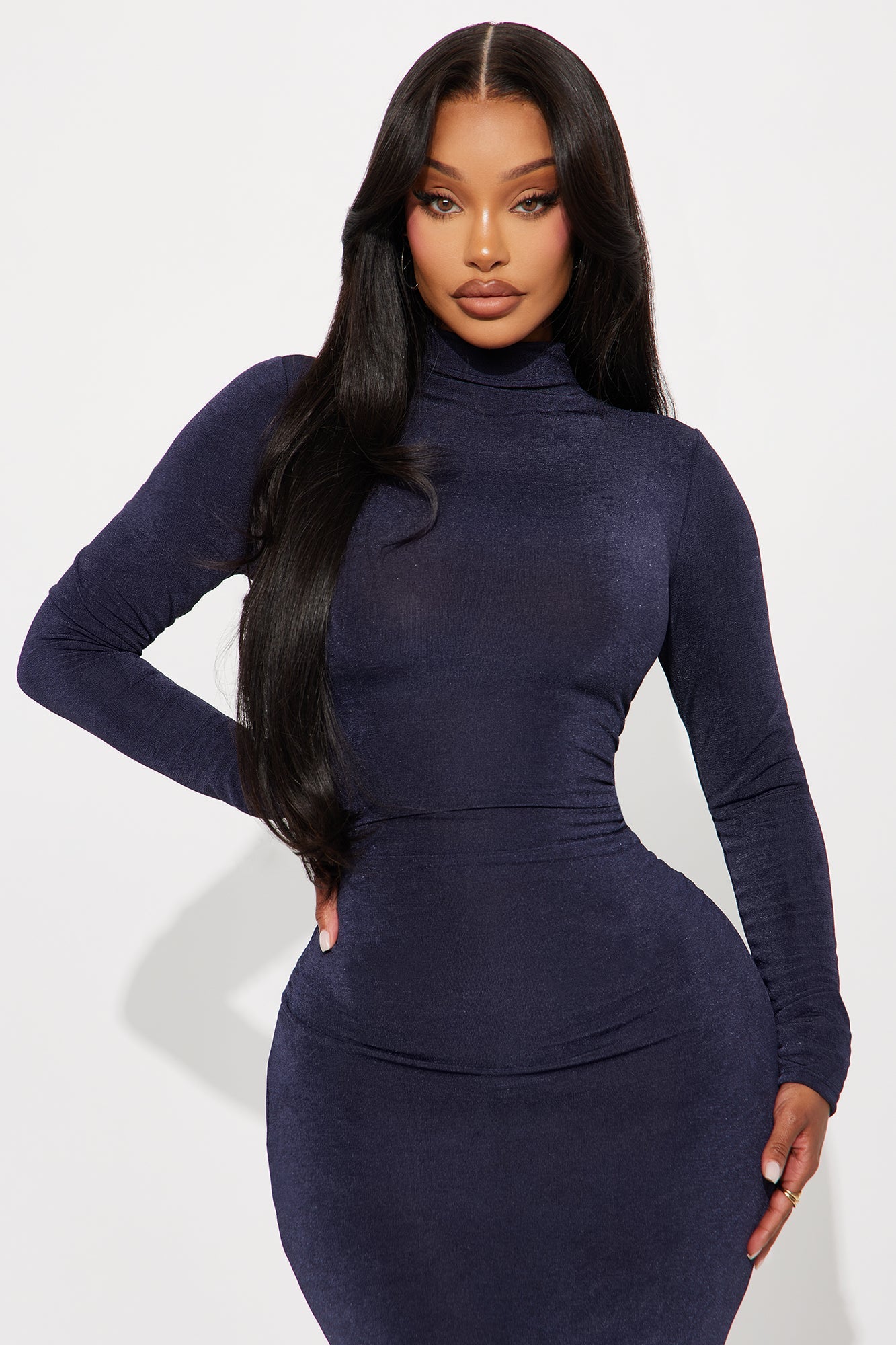 Ella Mock Neck Long Sleeve Maxi Dress - Navy