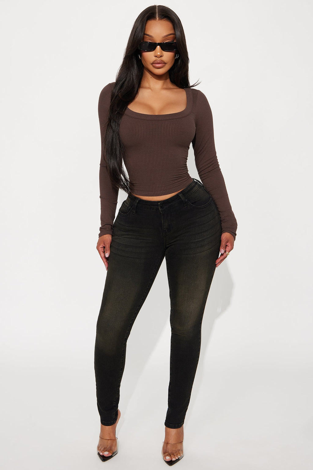 Nikki Ribbed Long Sleeve Basic Top - Brown