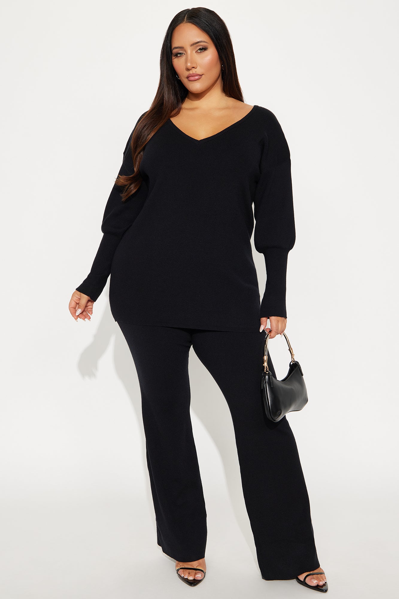 Cara Off Shoulder Sweater 3 Piece Pant Set - Black