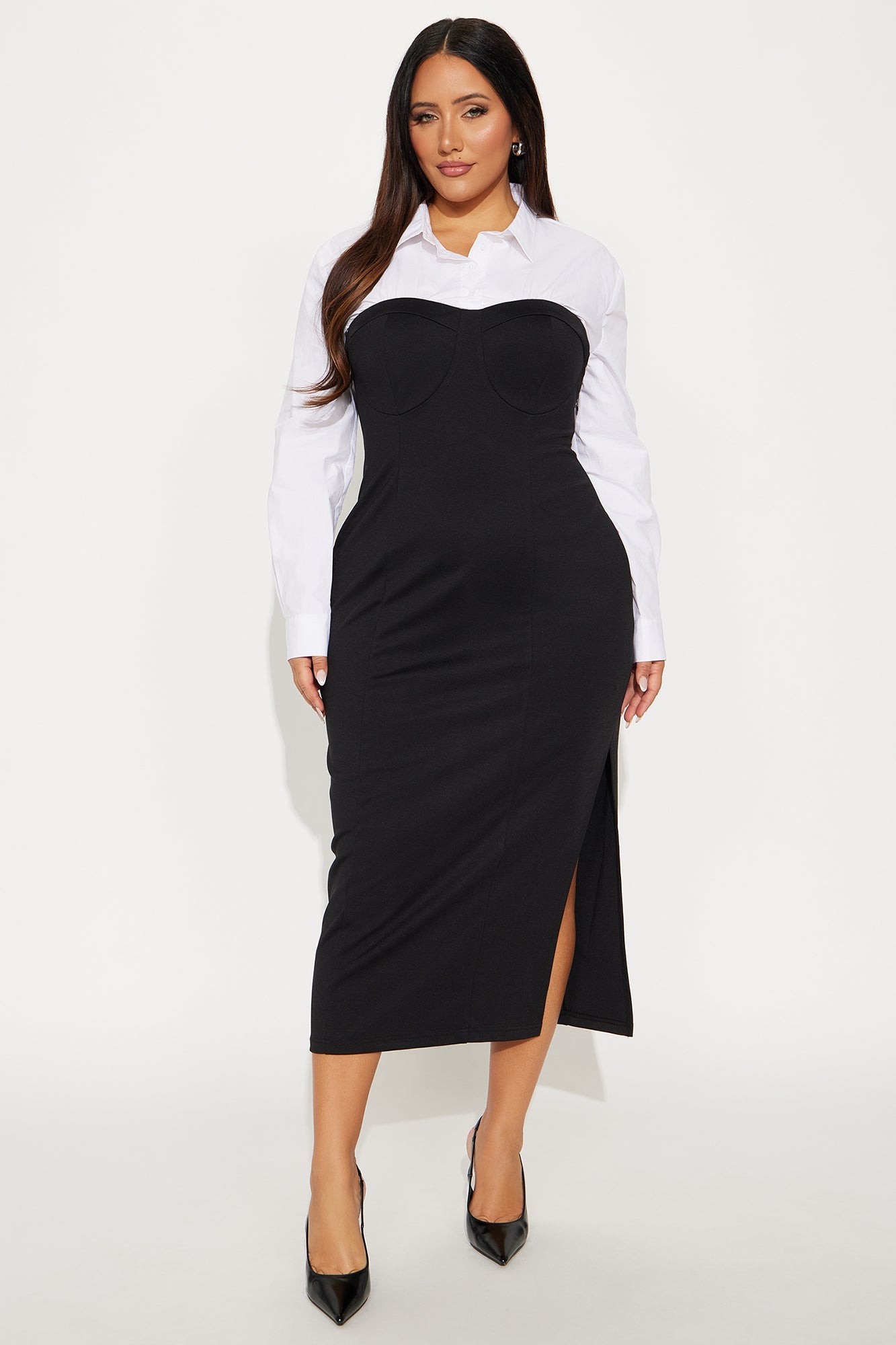 Julie Collar Long Sleeve Midi Dress - Black/White