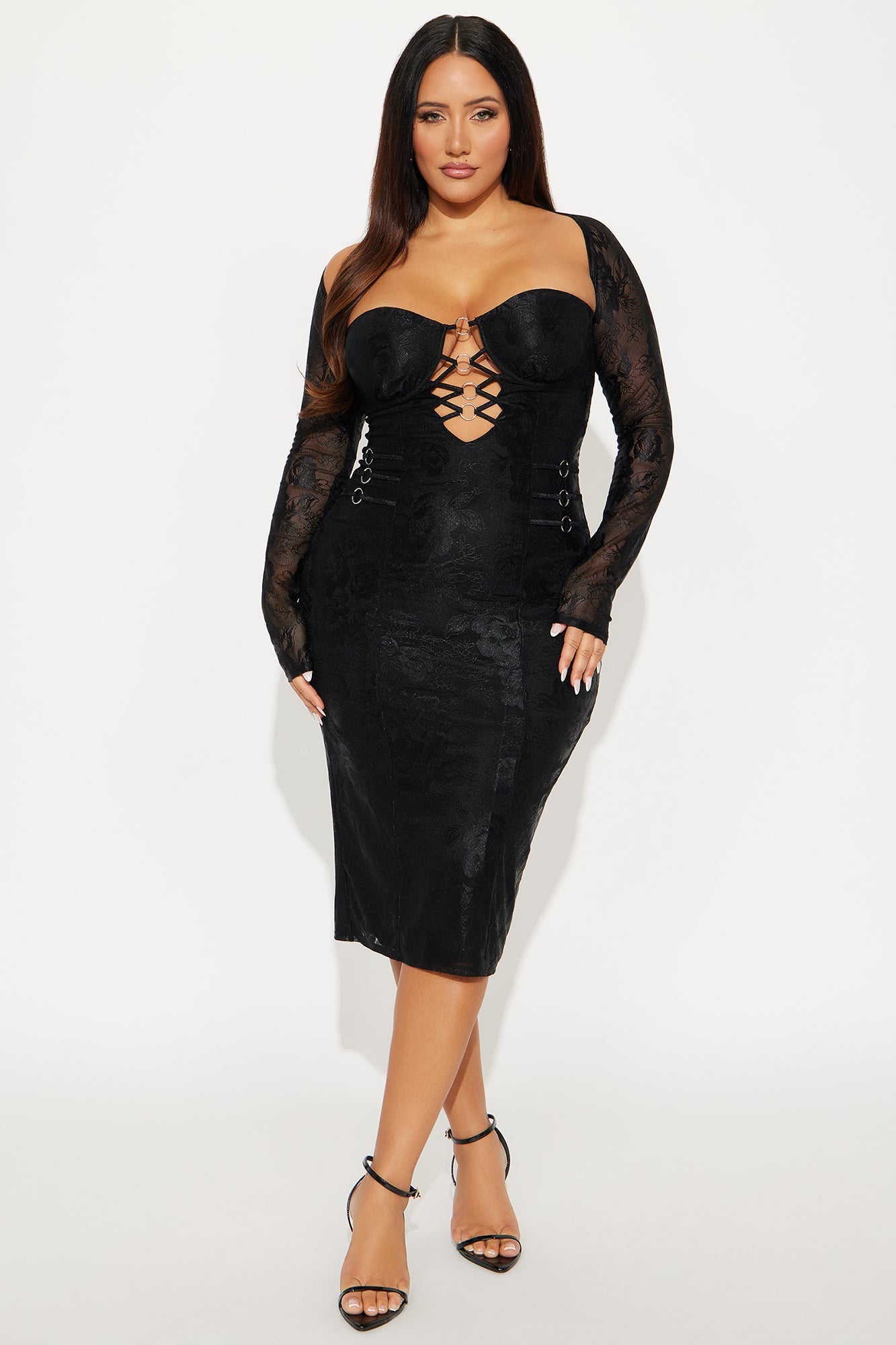 Liliana Lace Long Sleeve Midi Dress - Black