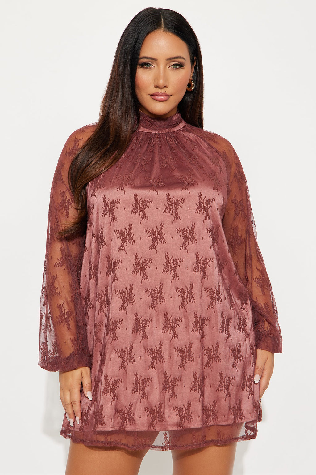 Maya Lace Long Sleeve Mini Dress - Rust