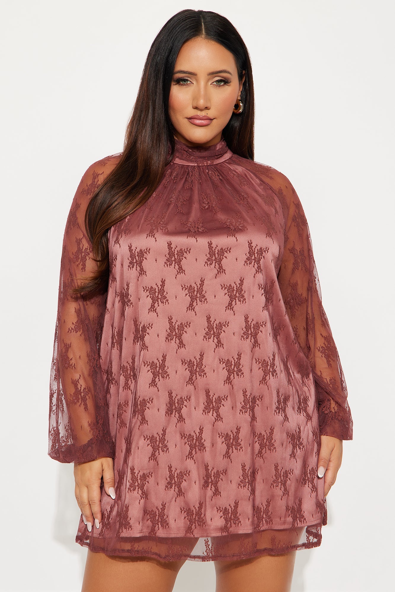 Maya Lace Long Sleeve Mini Dress - Rust
