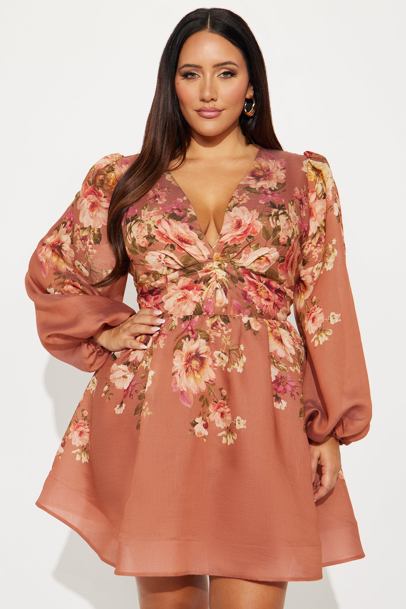 Esme Floral Long Sleeve Mini Dress - Rose