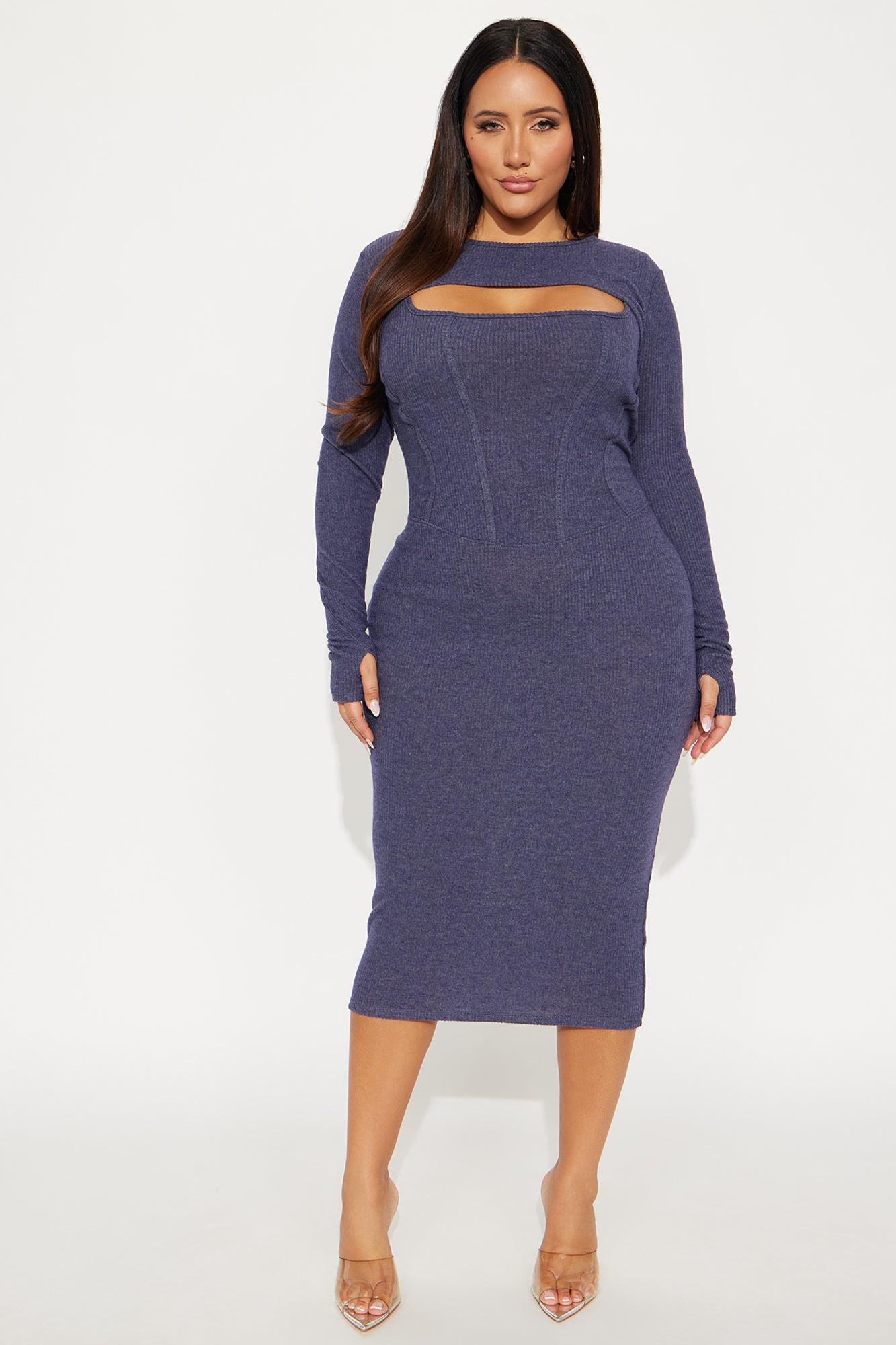 Leah Long Sleeve Shrug Ribbed Midi Dress Set - Navy
