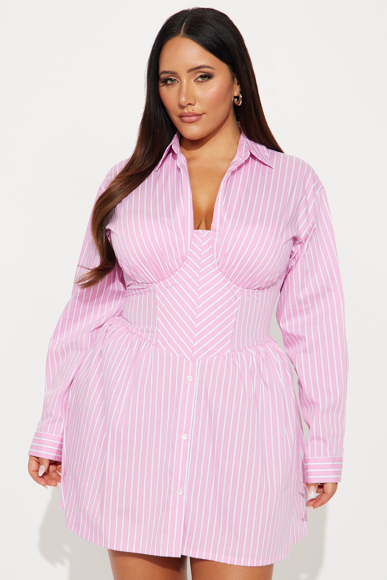 Carly Collar Pinstripe Shirt Mini Dress - Pink