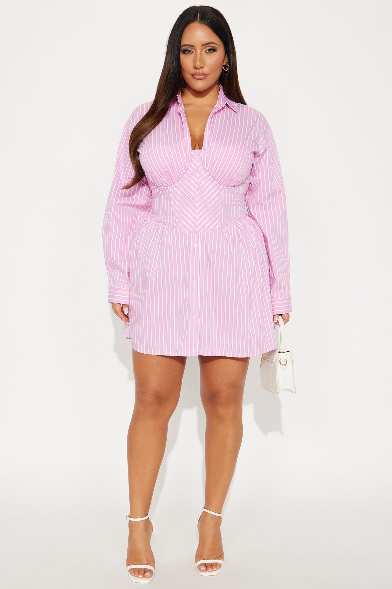 Carly Collar Pinstripe Shirt Mini Dress - Pink