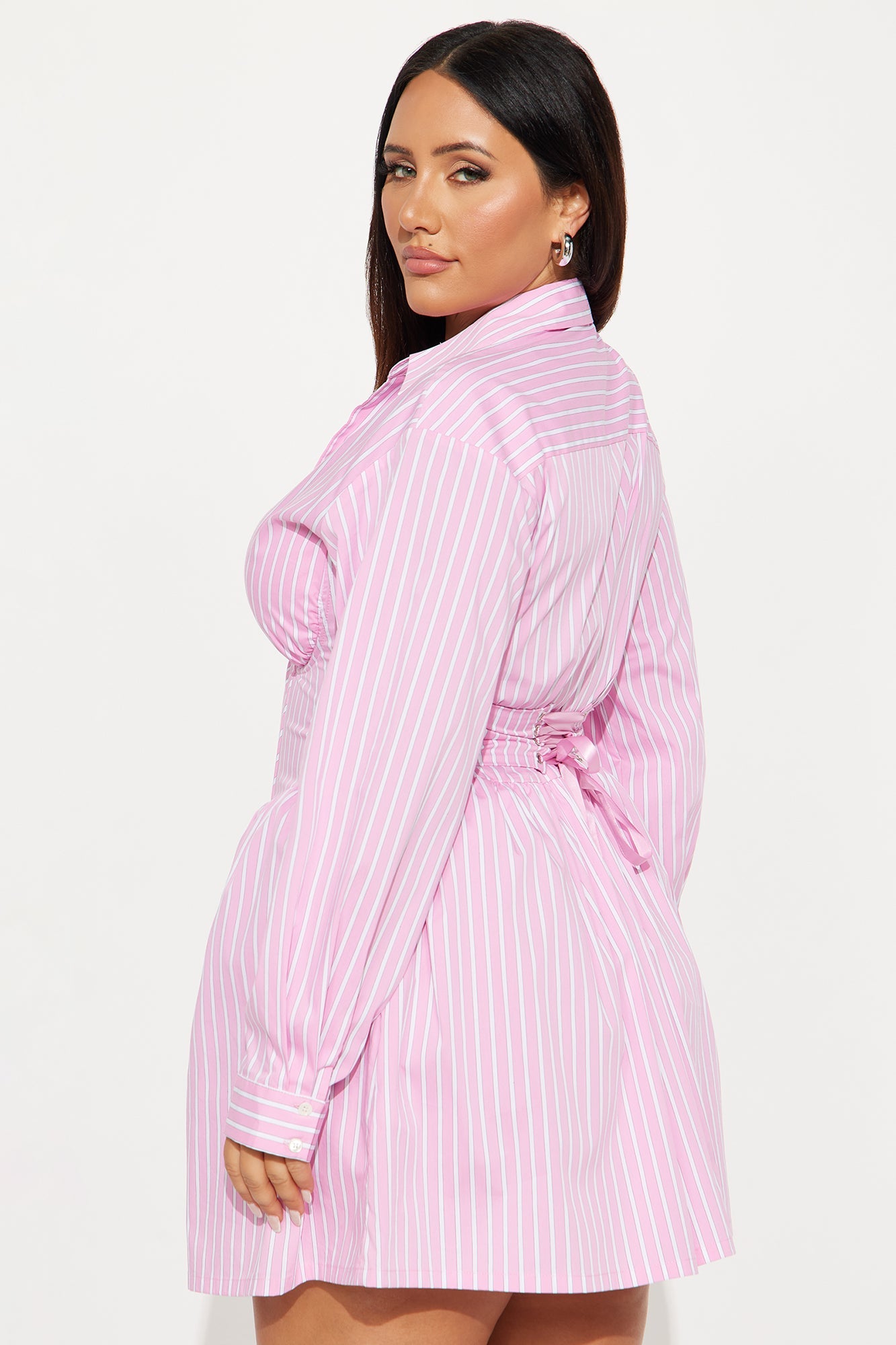 Carly Collar Pinstripe Shirt Mini Dress - Pink