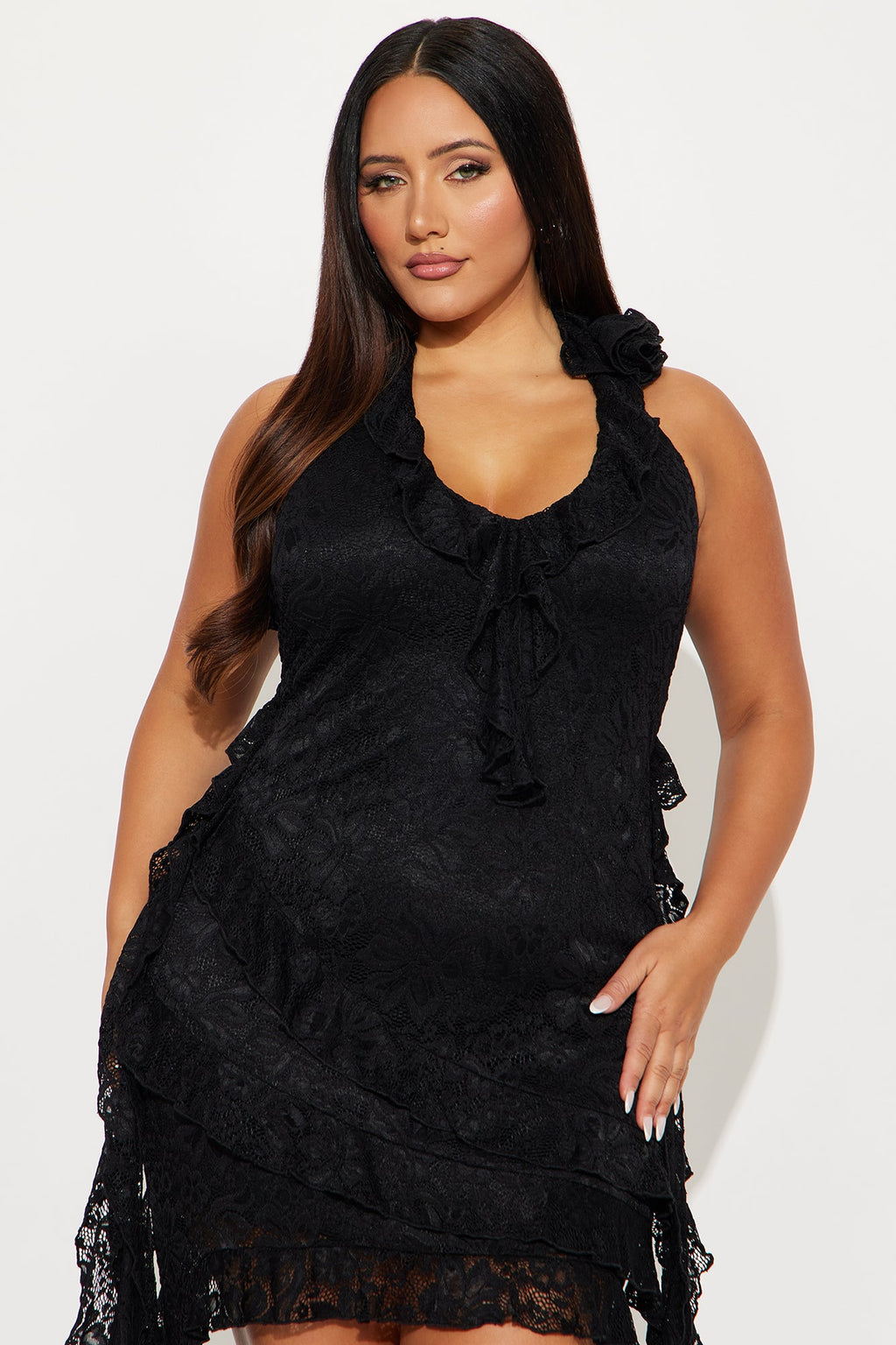Ruffles And Roses Lace Mini Dress - Black