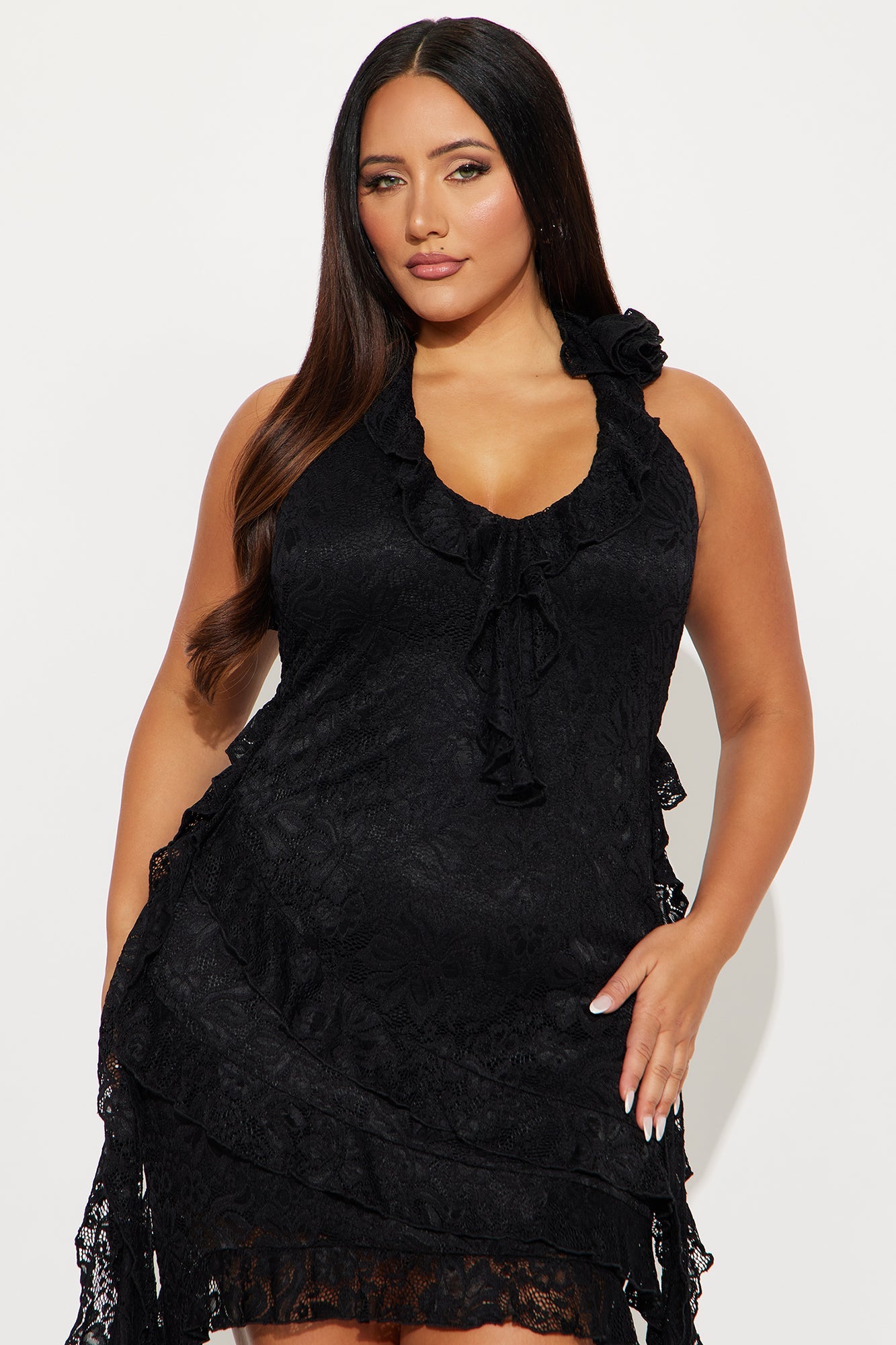 Ruffles And Roses Lace Mini Dress - Black