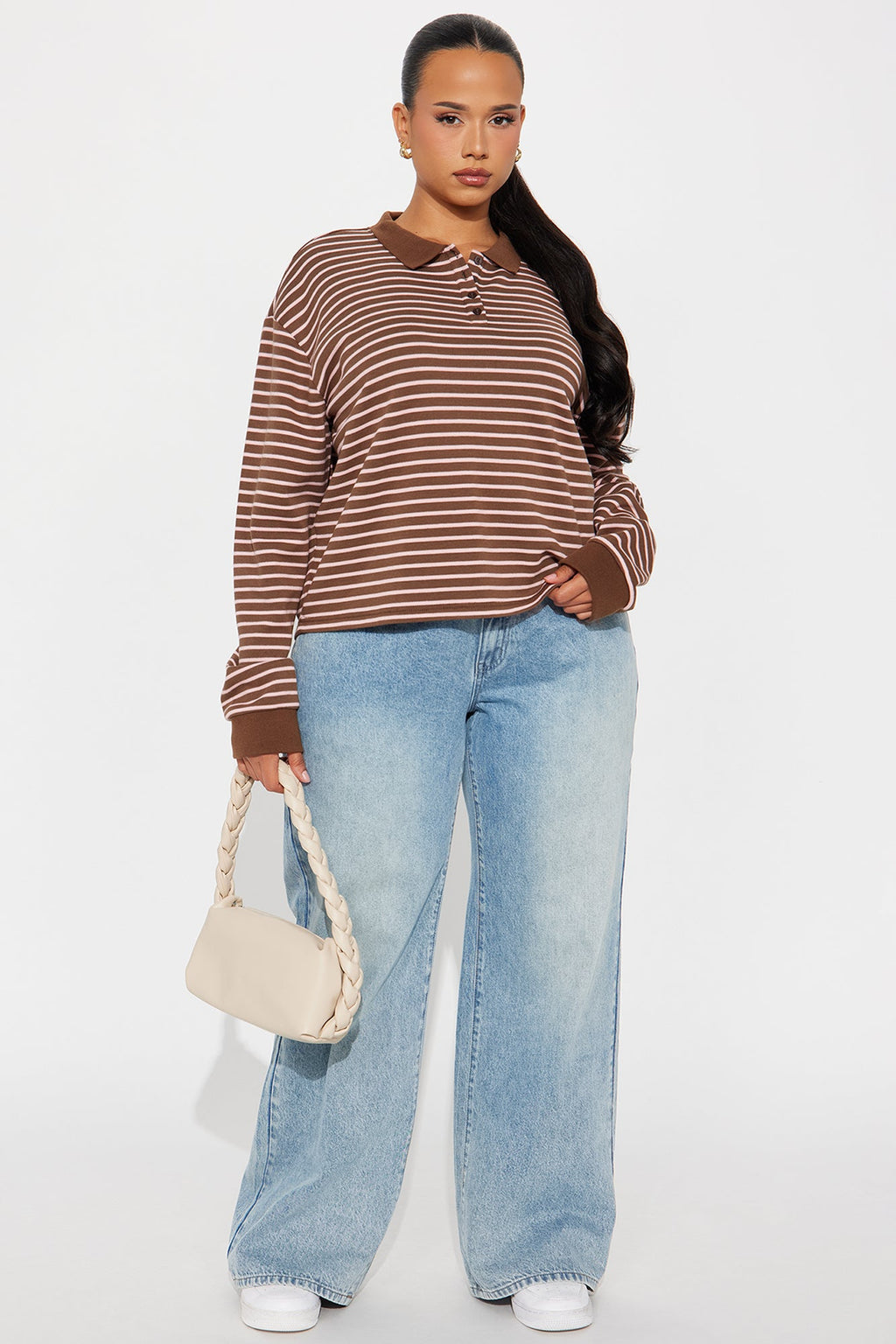 Vesta Striped Long Sleeve Polo Top - Brown/combo