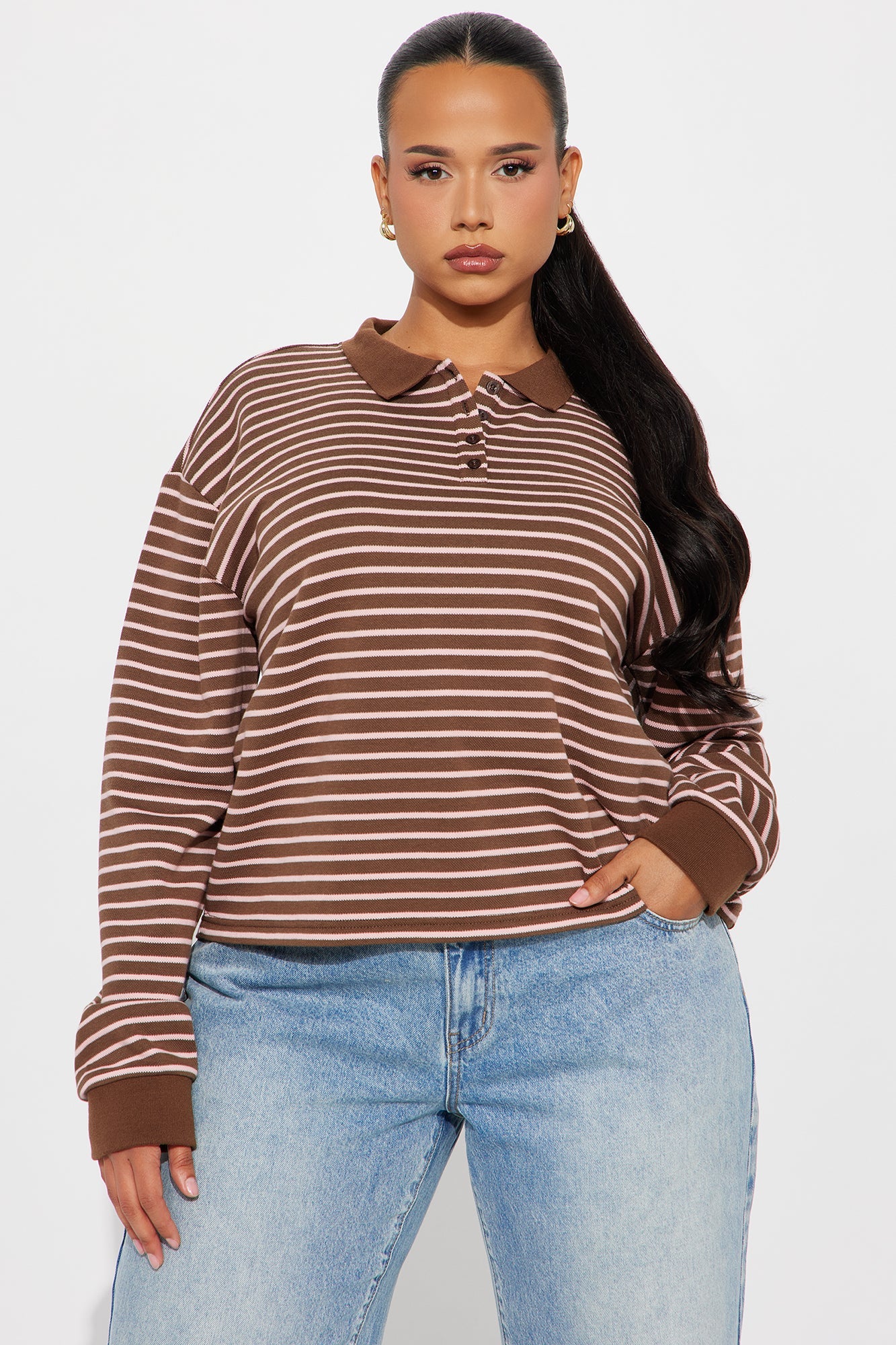 Vesta Striped Long Sleeve Polo Top - Brown/combo
