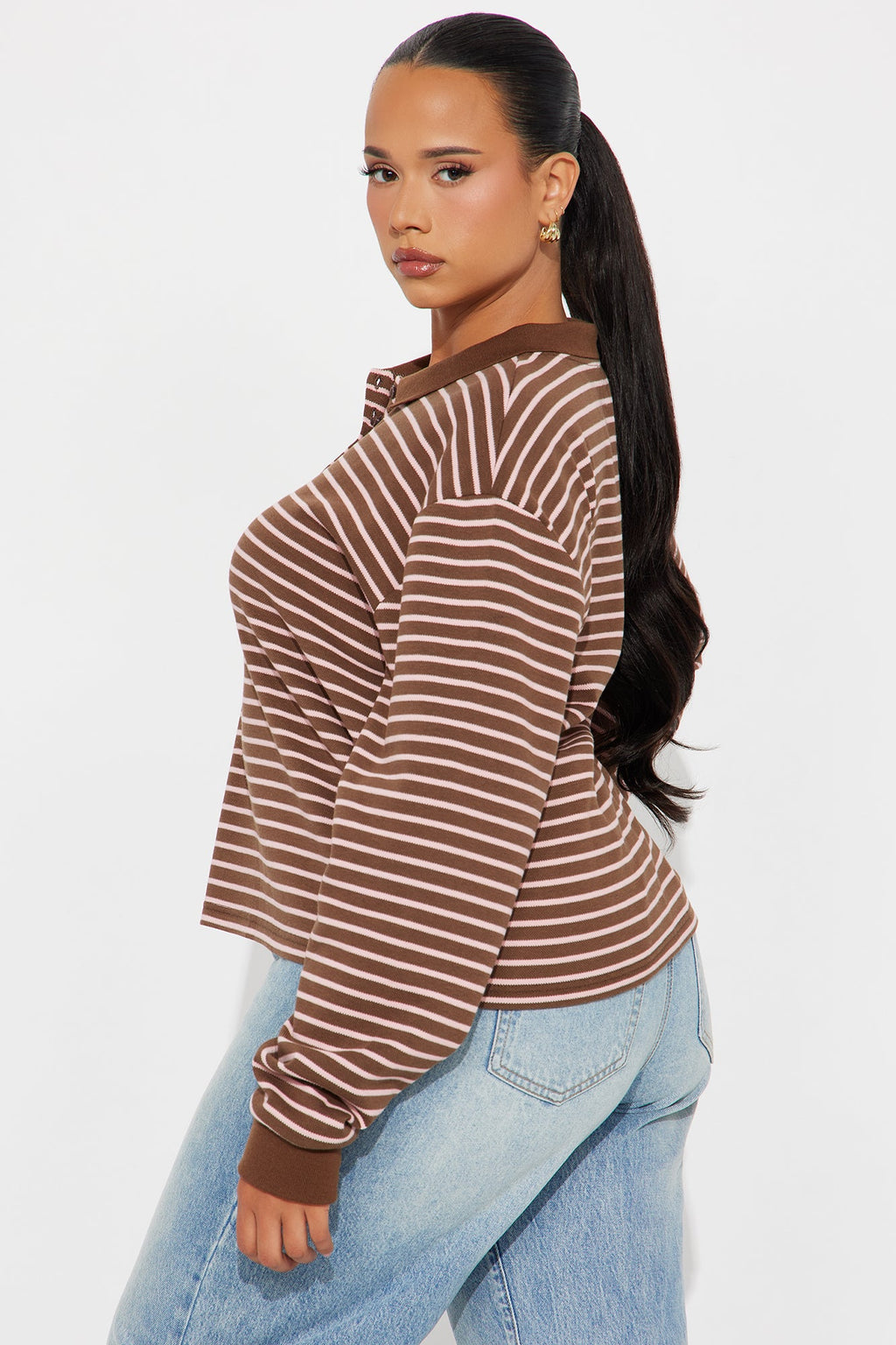 Vesta Striped Long Sleeve Polo Top - Brown/combo