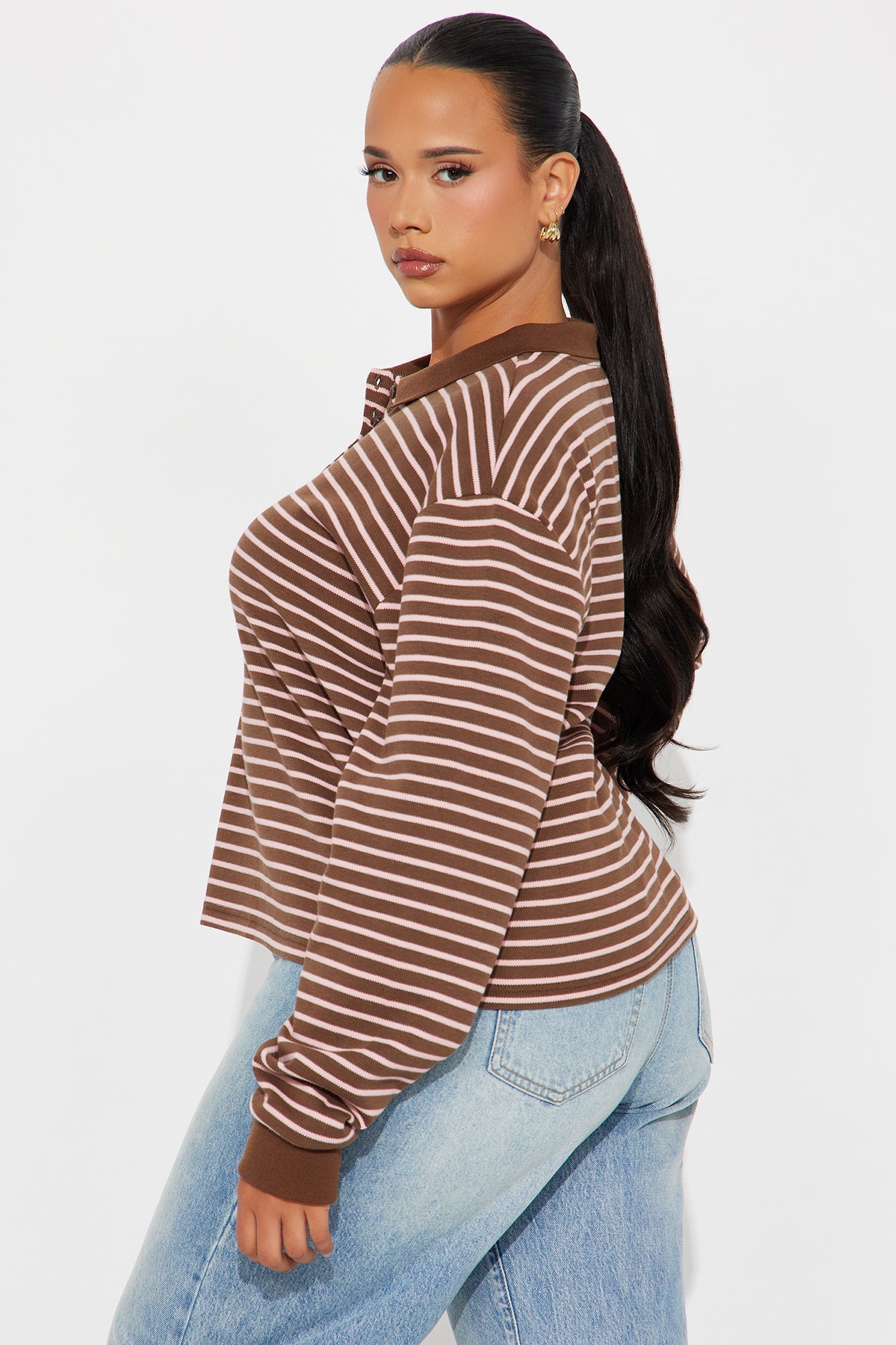 Vesta Striped Long Sleeve Polo Top - Brown/combo