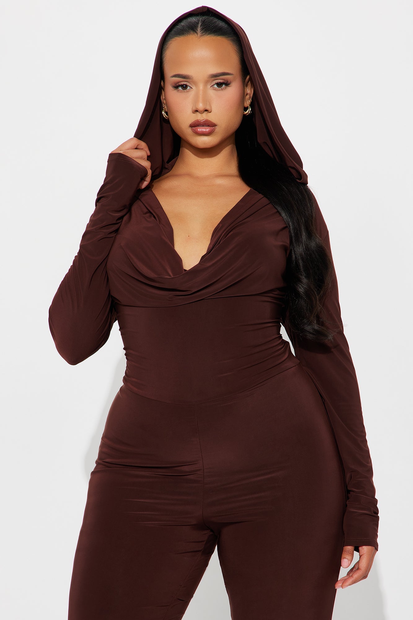 Julie Cowl Neck Hooded Jumpsuit - Chocolate