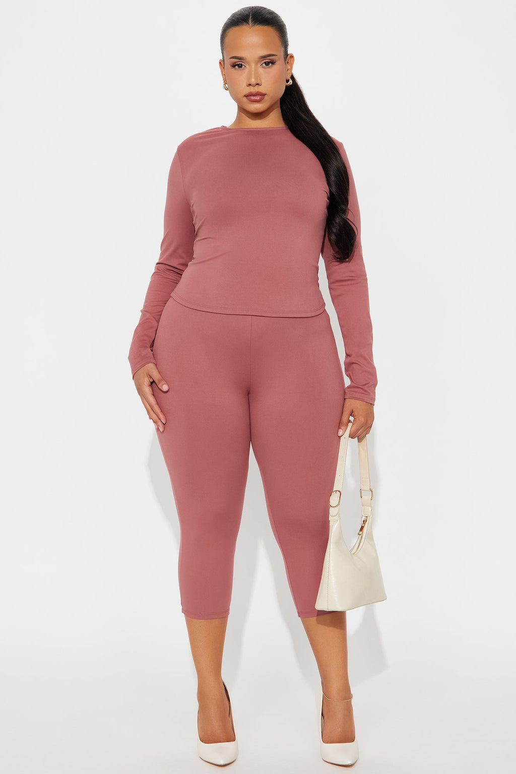 All Day Sleek Long Sleeve Matte Tricot Capri Set - Marsala 