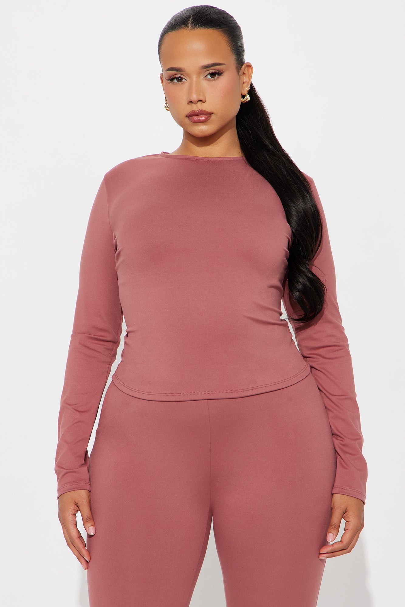 All Day Sleek Long Sleeve Matte Tricot Capri Set - Marsala 
