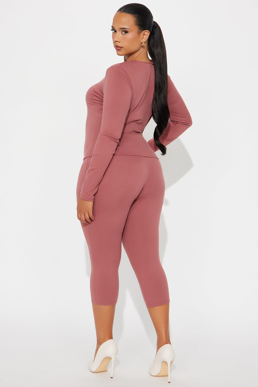 All Day Sleek Long Sleeve Matte Tricot Capri Set - Marsala 