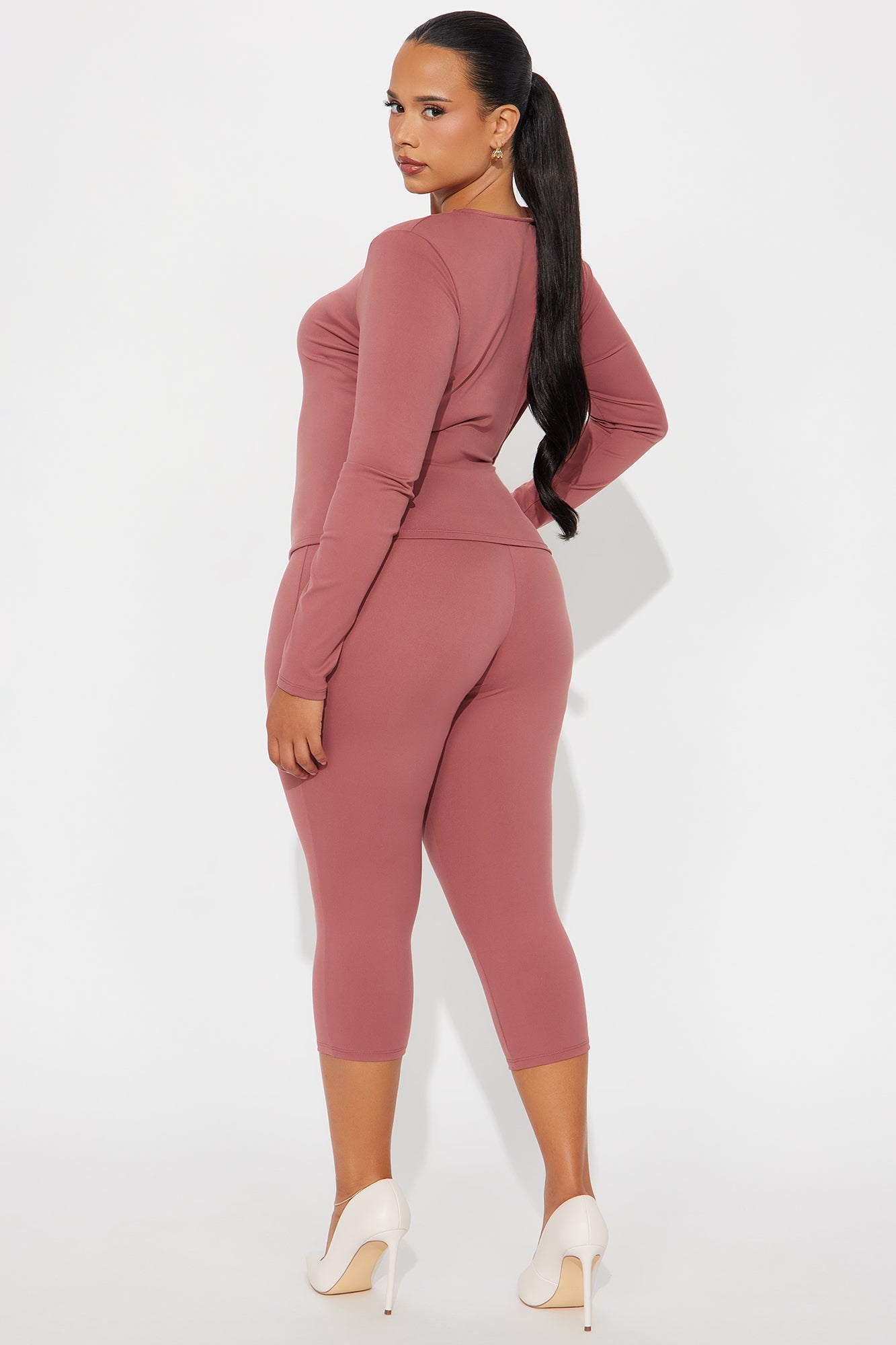 All Day Sleek Long Sleeve Matte Tricot Capri Set - Marsala 