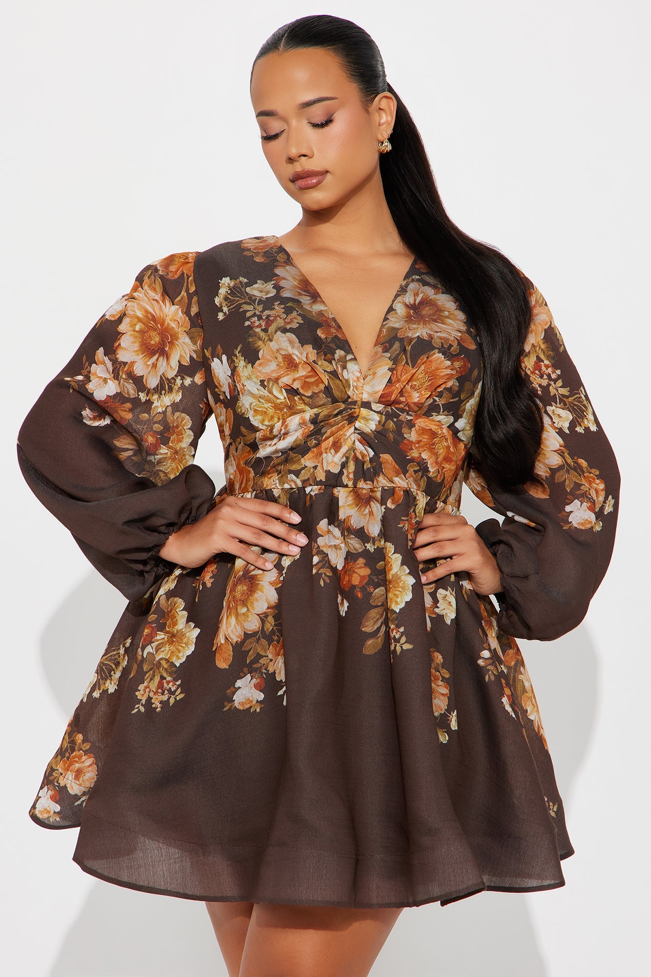 Esme Floral Long Sleeve Mini Dress - Brown