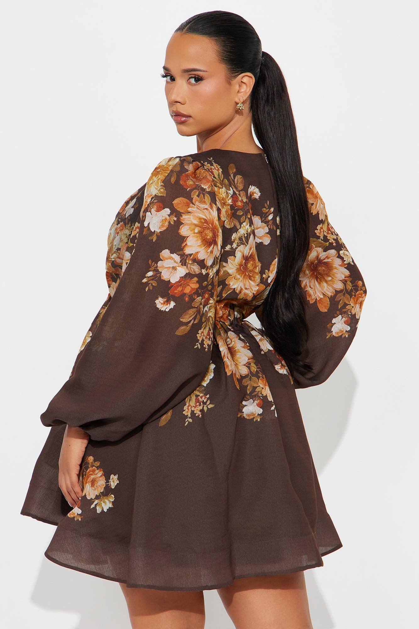 Esme Floral Long Sleeve Mini Dress - Brown