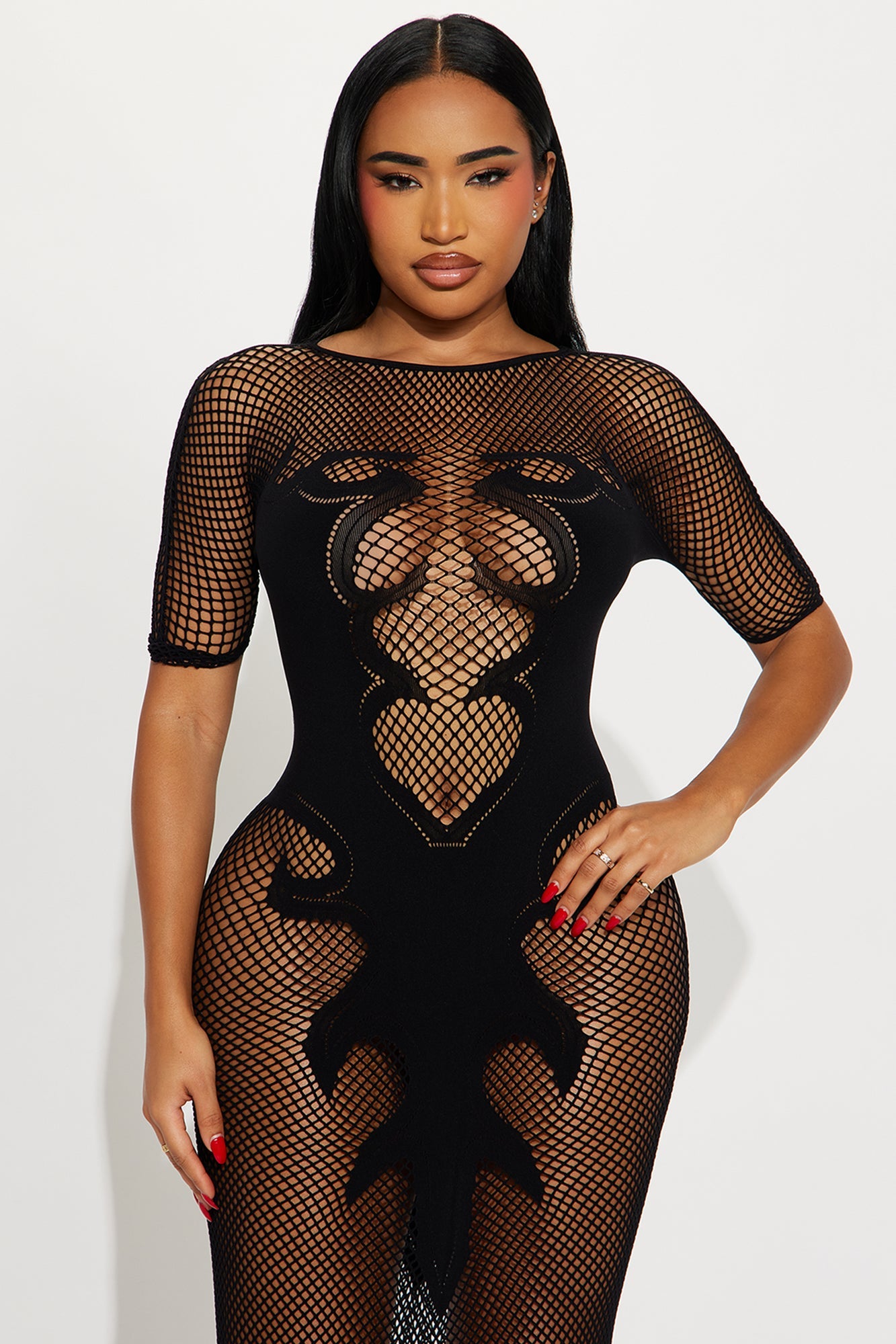 Light A Match Fishnet Short Sleeve Midi Dress Bodystocking - Black