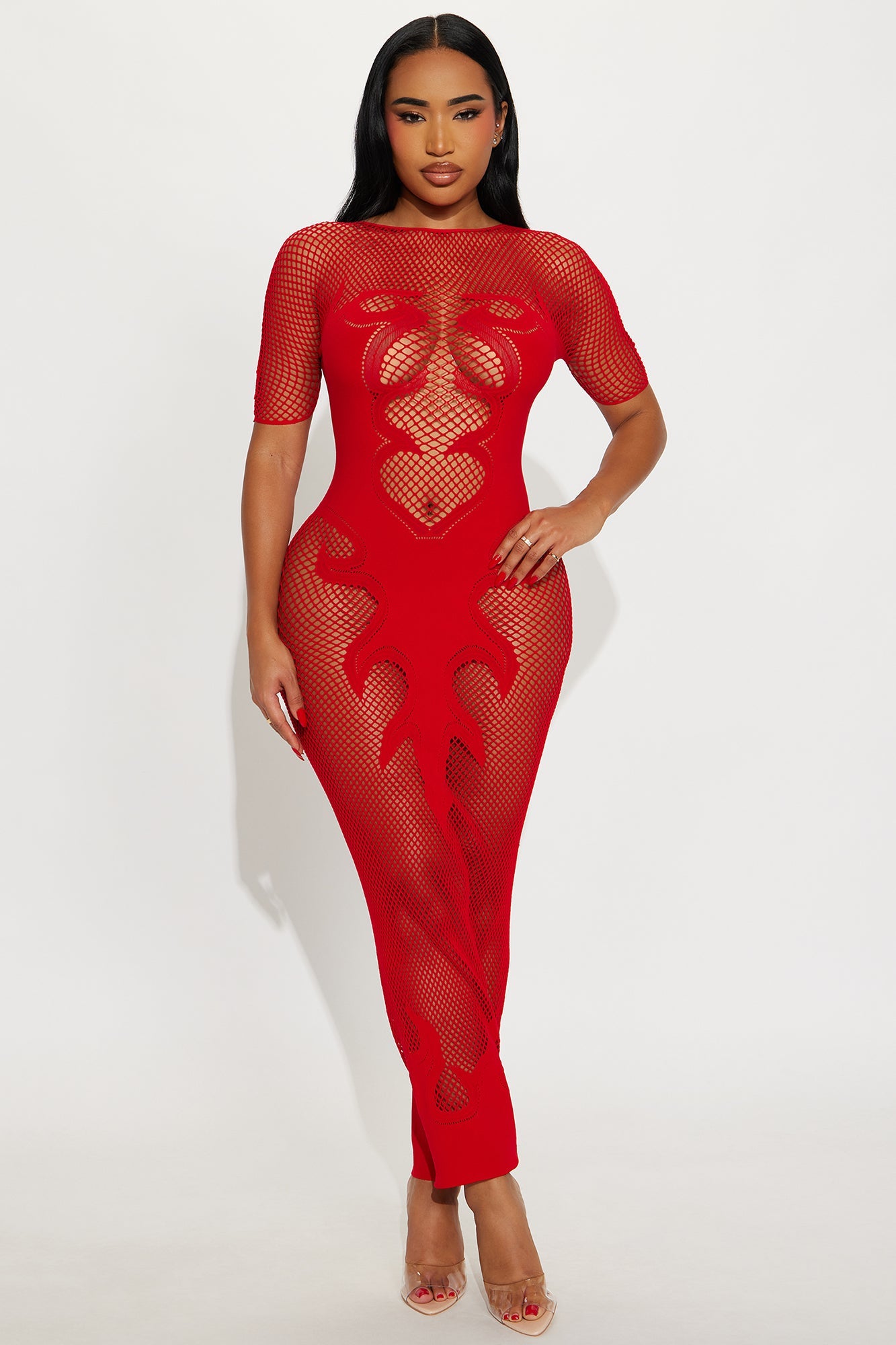 Light A Match Fishnet Short Sleeve Midi Dress Bodystocking - Red