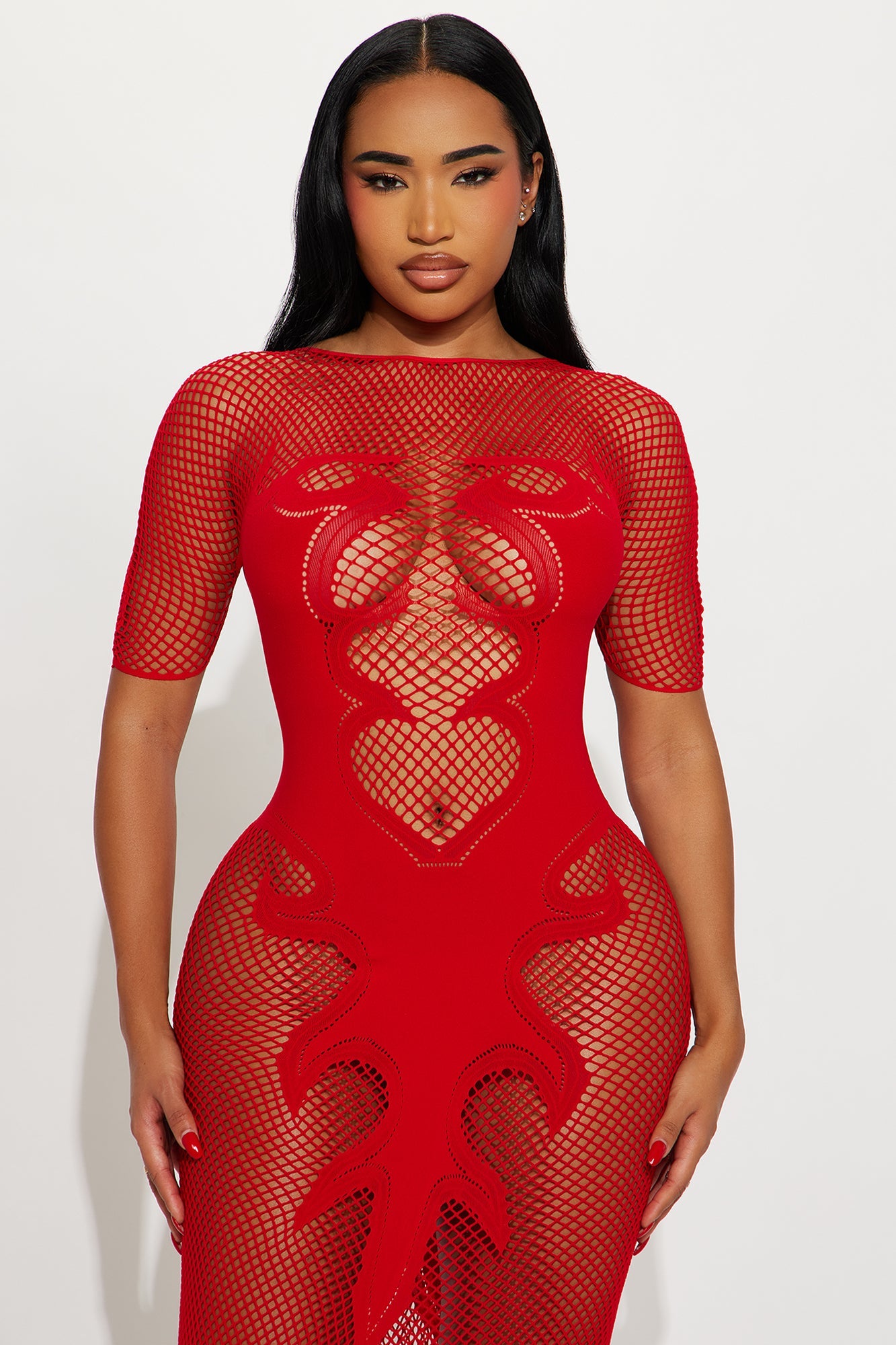 Light A Match Fishnet Short Sleeve Midi Dress Bodystocking - Red