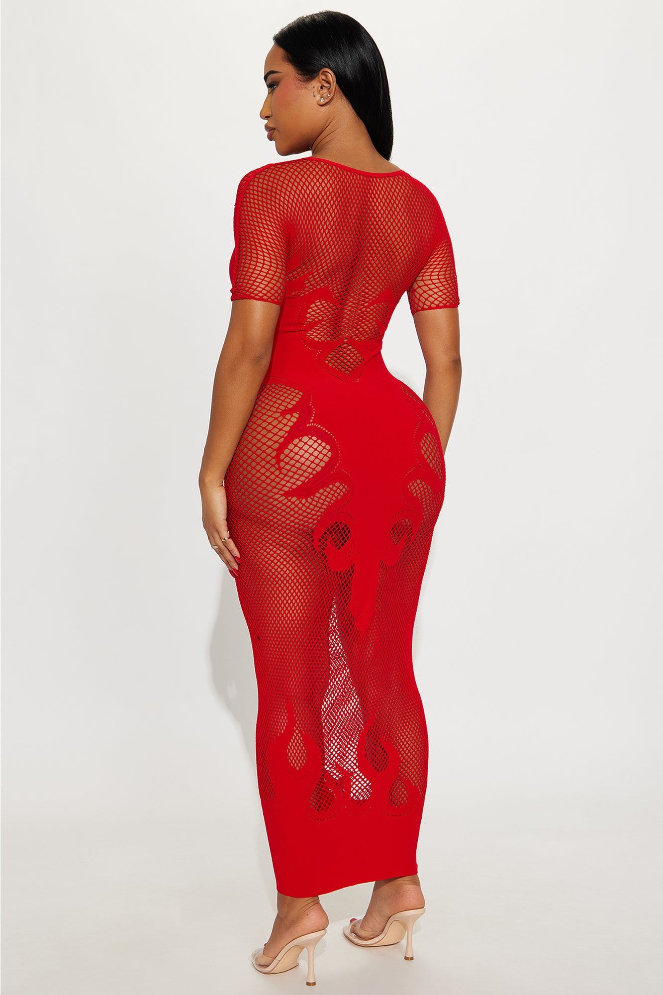 Light A Match Fishnet Short Sleeve Midi Dress Bodystocking - Red