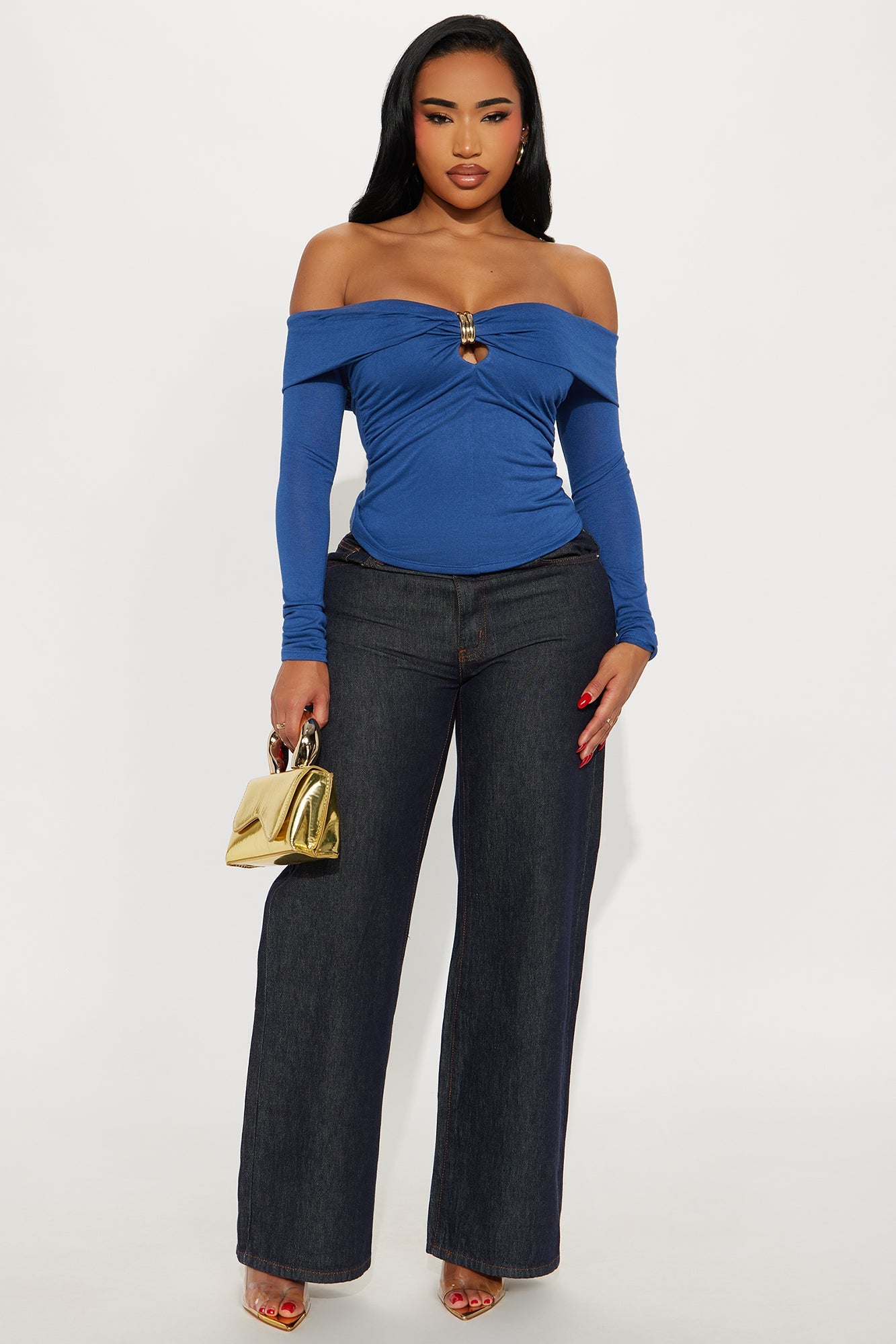Minerva Ruched Long Sleeve Off Shoulder Top - Royal