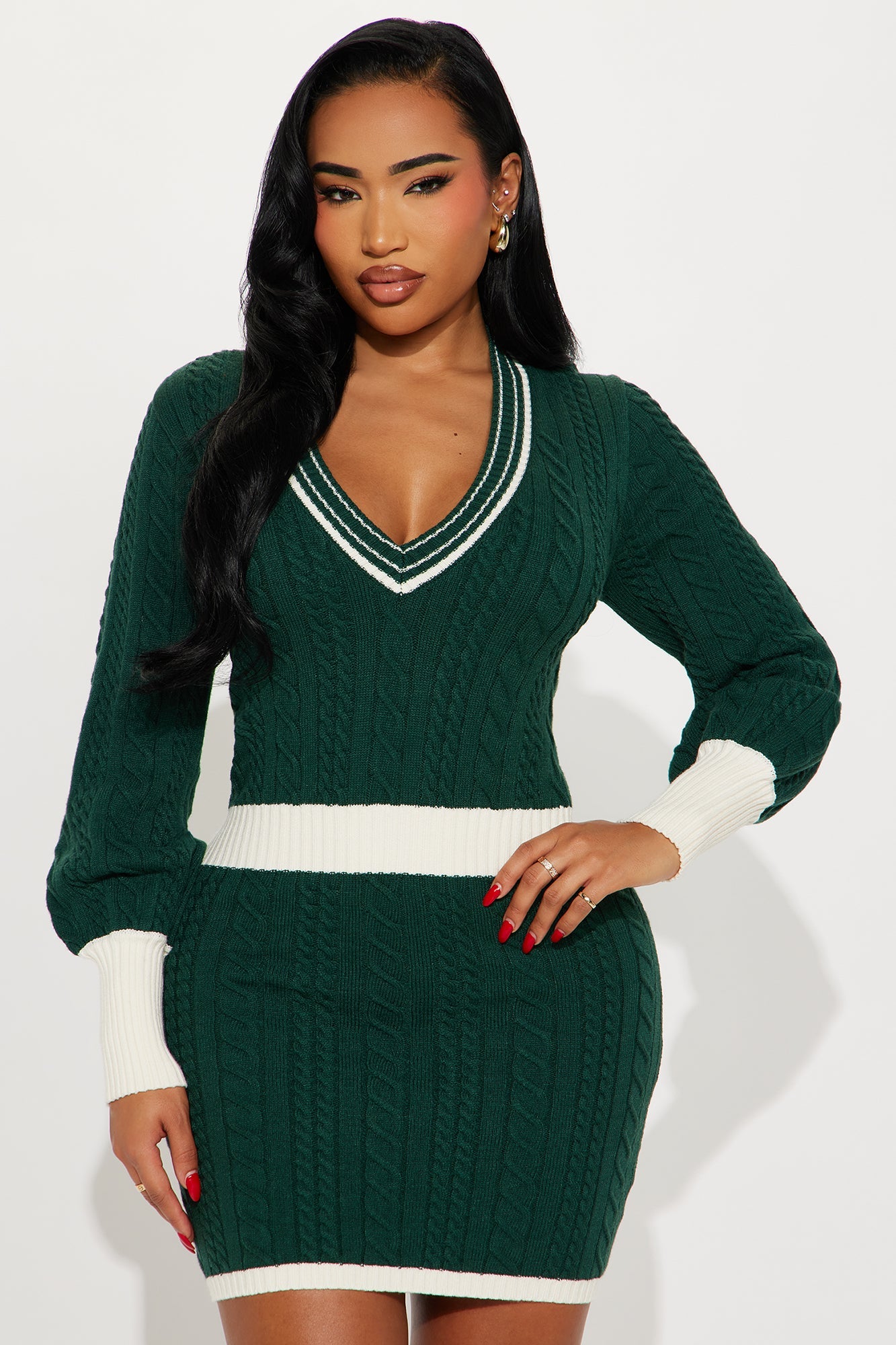 Clean and Cute Cable Knit Mini Dress - Green/combo