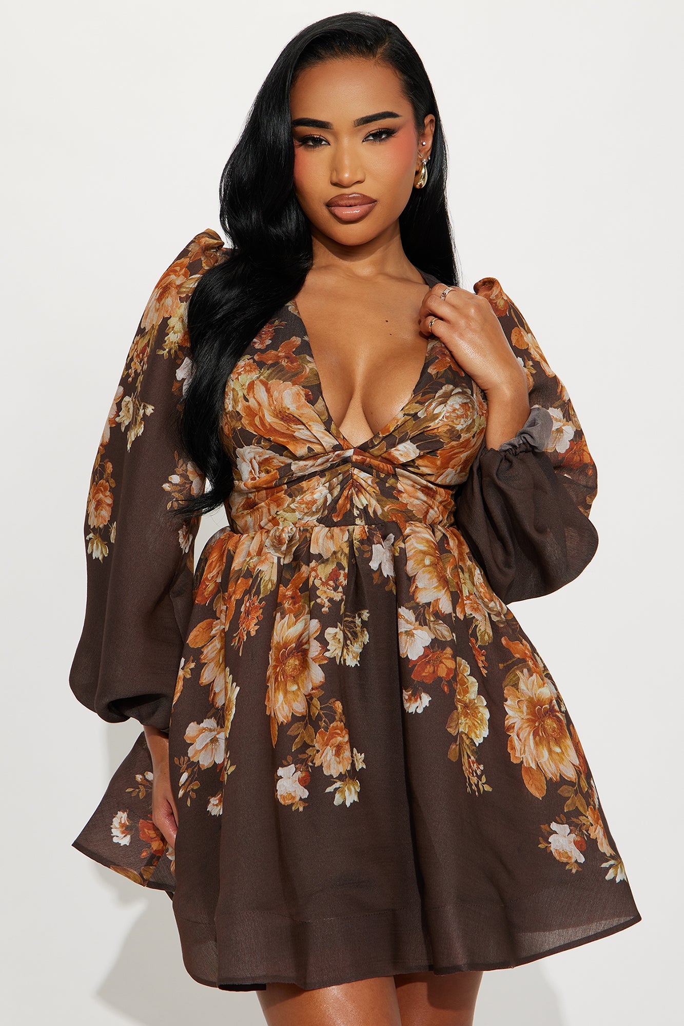Esme Floral Long Sleeve Mini Dress - Brown
