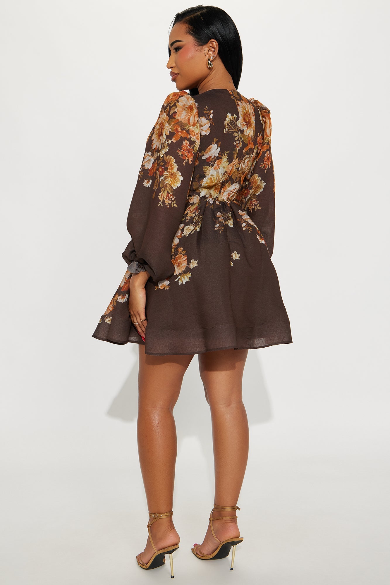 Esme Floral Long Sleeve Mini Dress - Brown