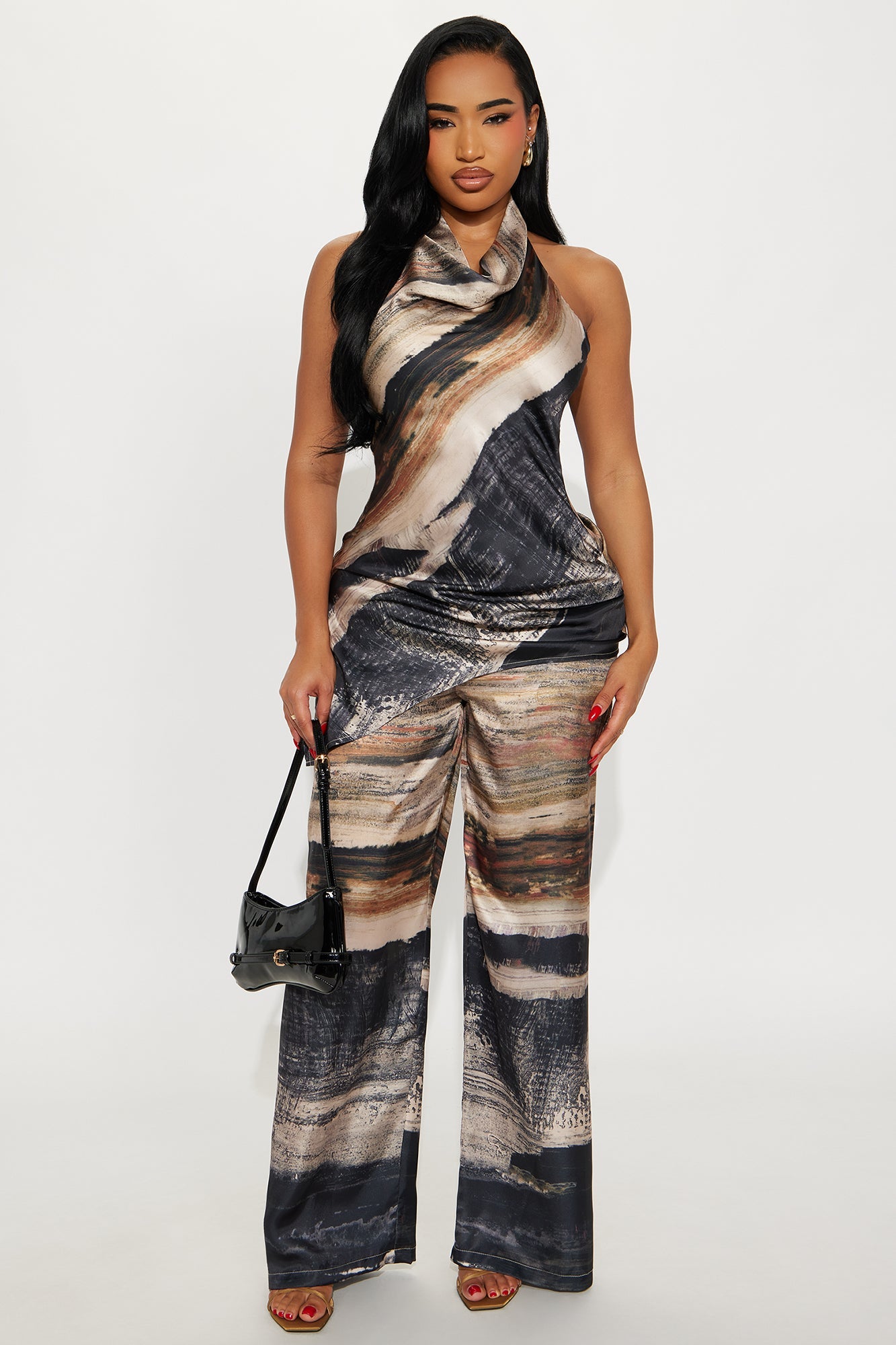 Carrie Satin Halter Pant Set - Brown/combo
