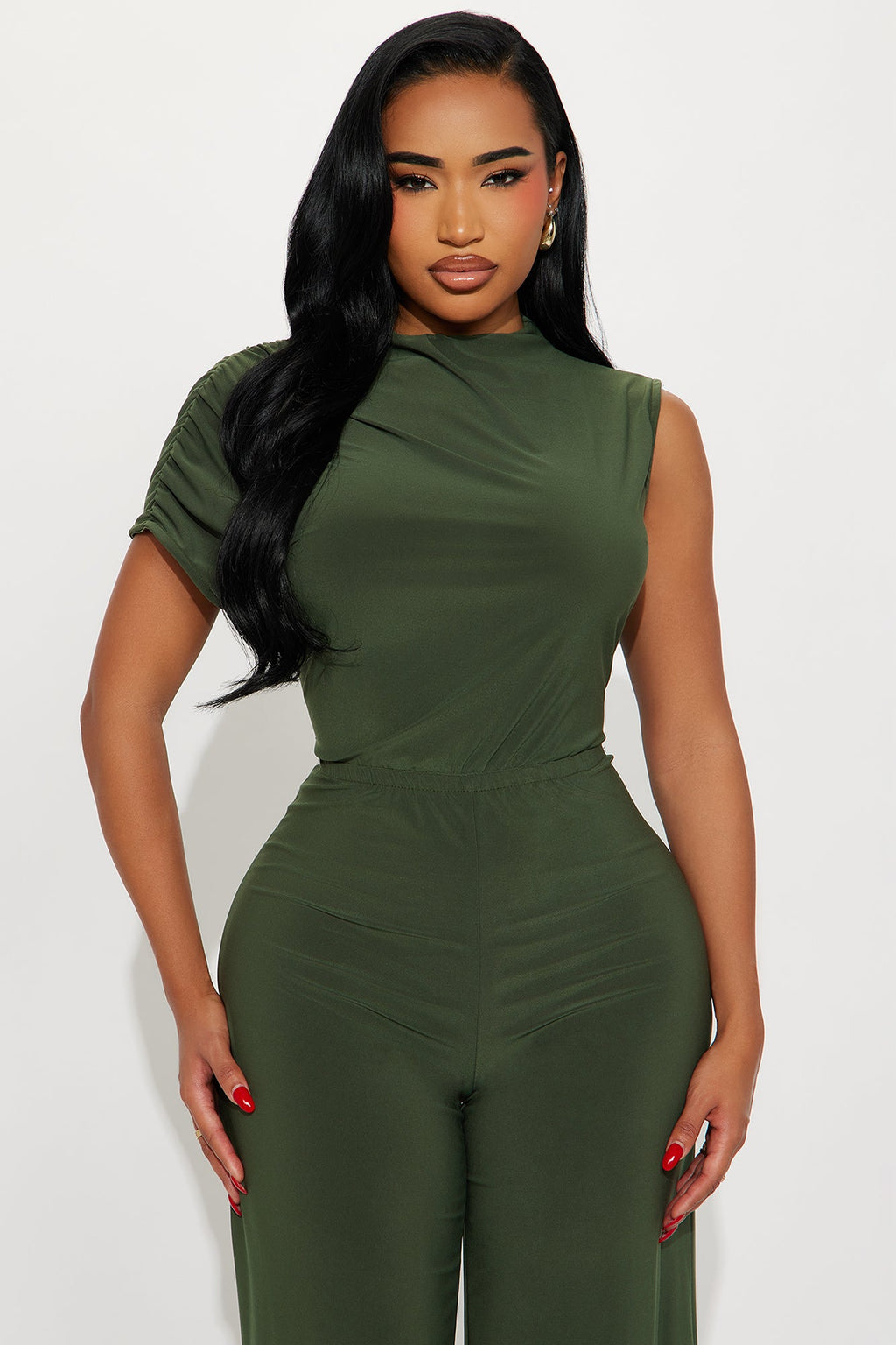 Monica Mock Neck Wide Leg Jumpsuit - Olive