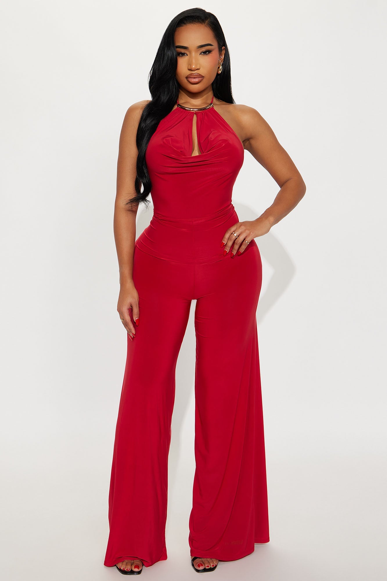 Eyes On Me Halter Wide Leg Jumpsuit - Red