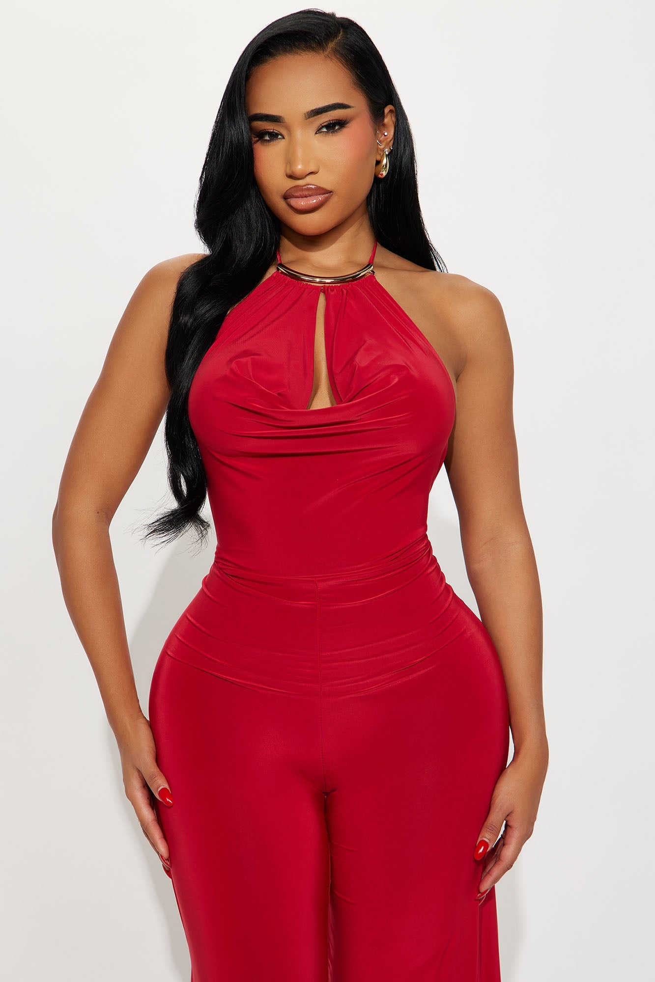 Eyes On Me Halter Wide Leg Jumpsuit - Red