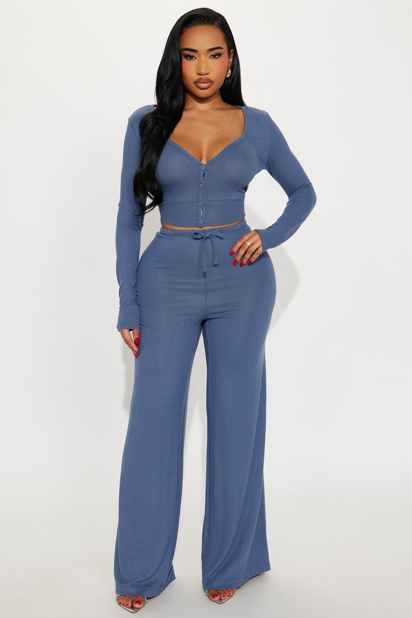 That Girl Matching Cropped Cardigan Pant Set - Slate Blue