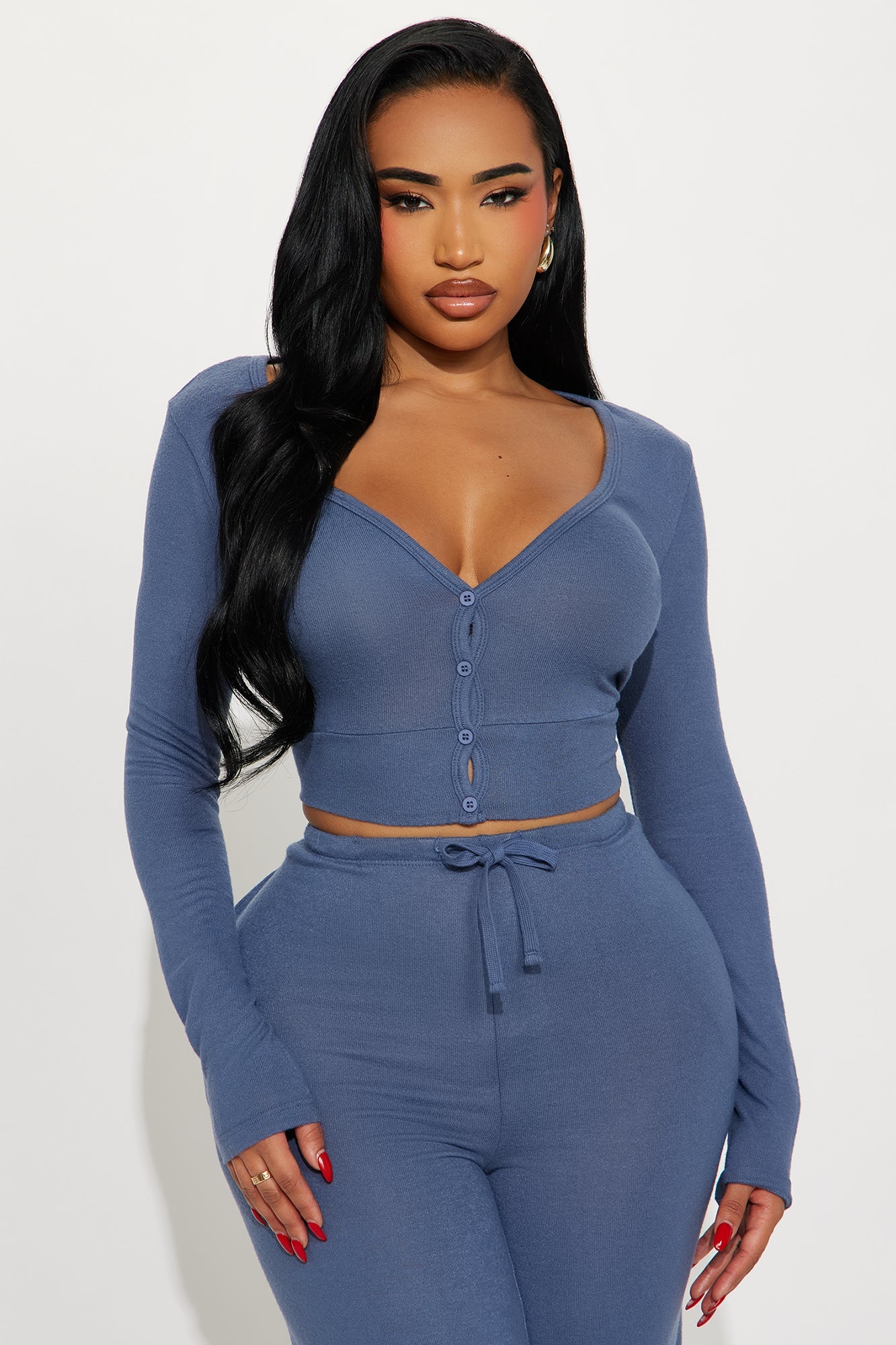 That Girl Matching Cropped Cardigan Pant Set - Slate Blue