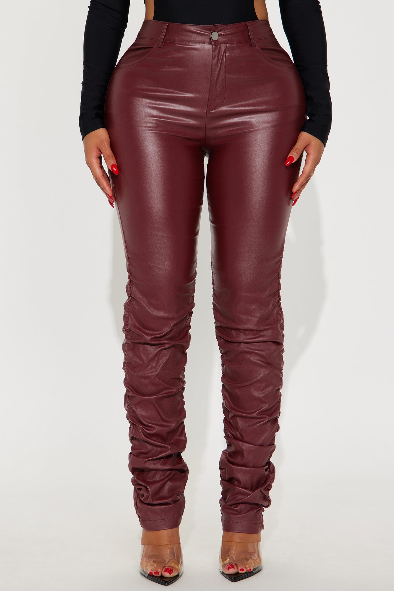 Can't Stand You Faux Leather Stacked Skinny Pant - Wine