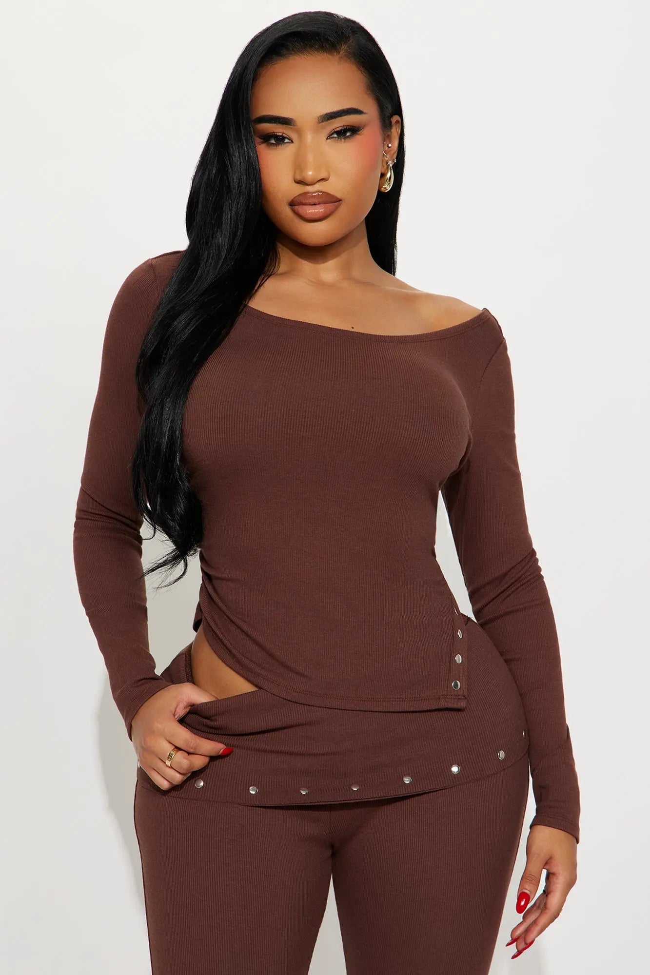 Selene Studded Ribbed Pant Set - Chocolate 