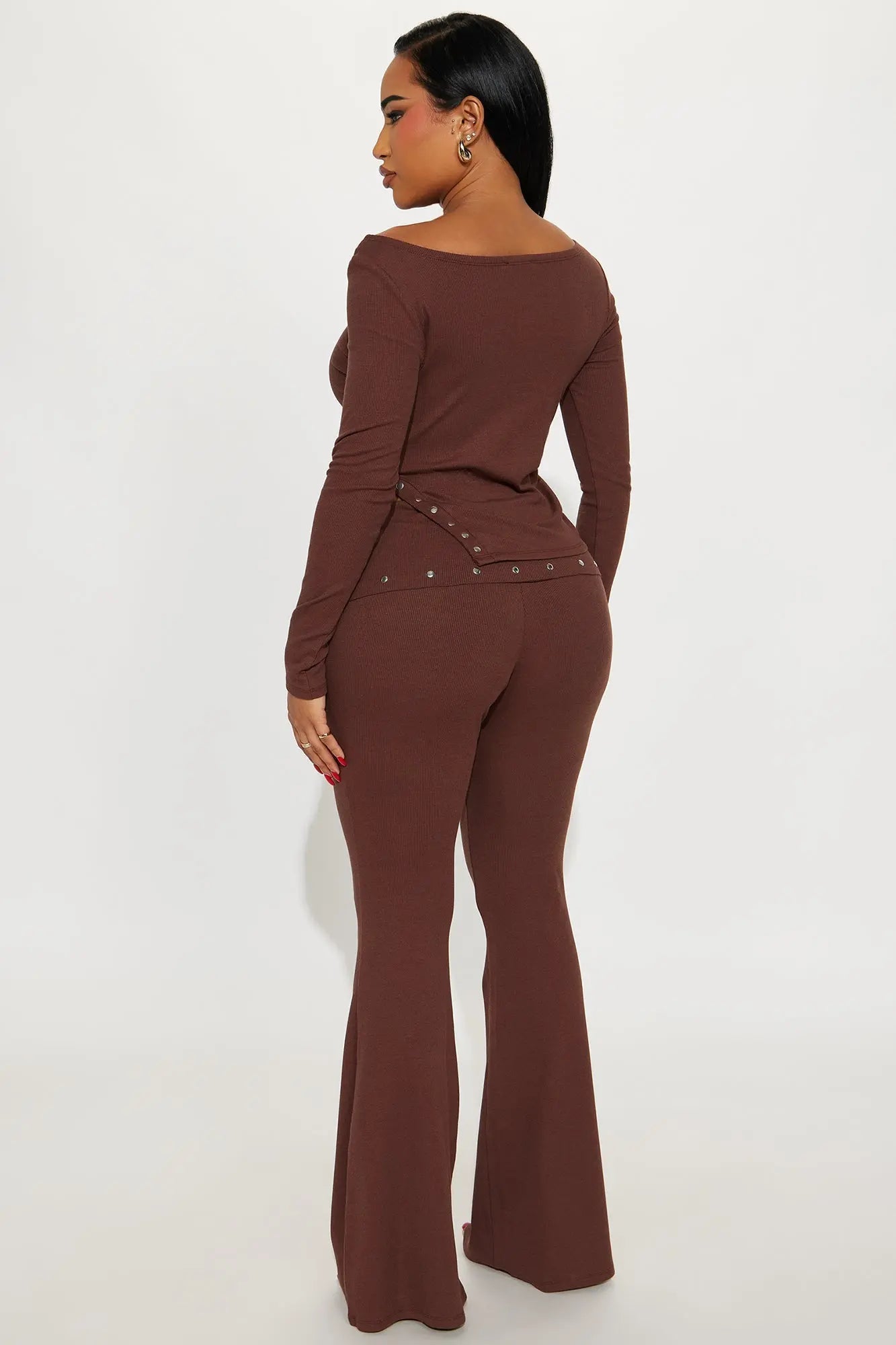 Selene Studded Ribbed Pant Set - Chocolate 