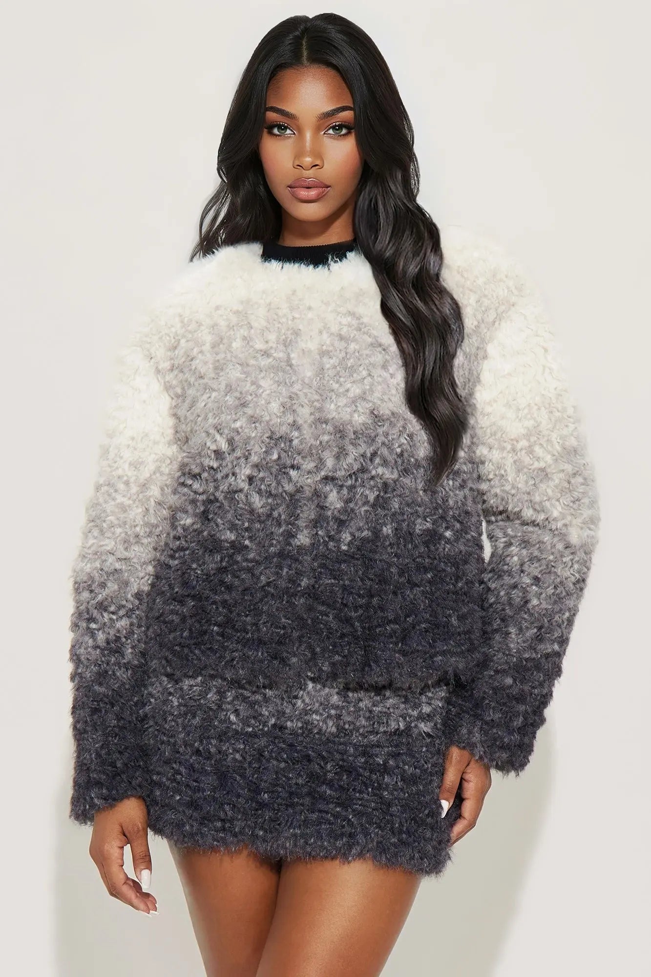 On One Condition Faux Fur Jacket Skirt Set - Grey 