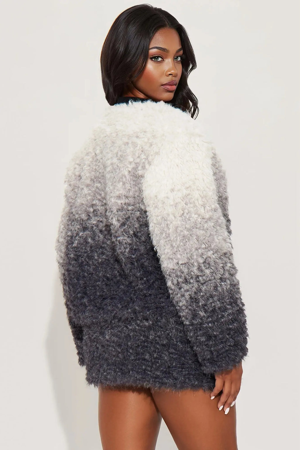 On One Condition Faux Fur Jacket Skirt Set - Grey 