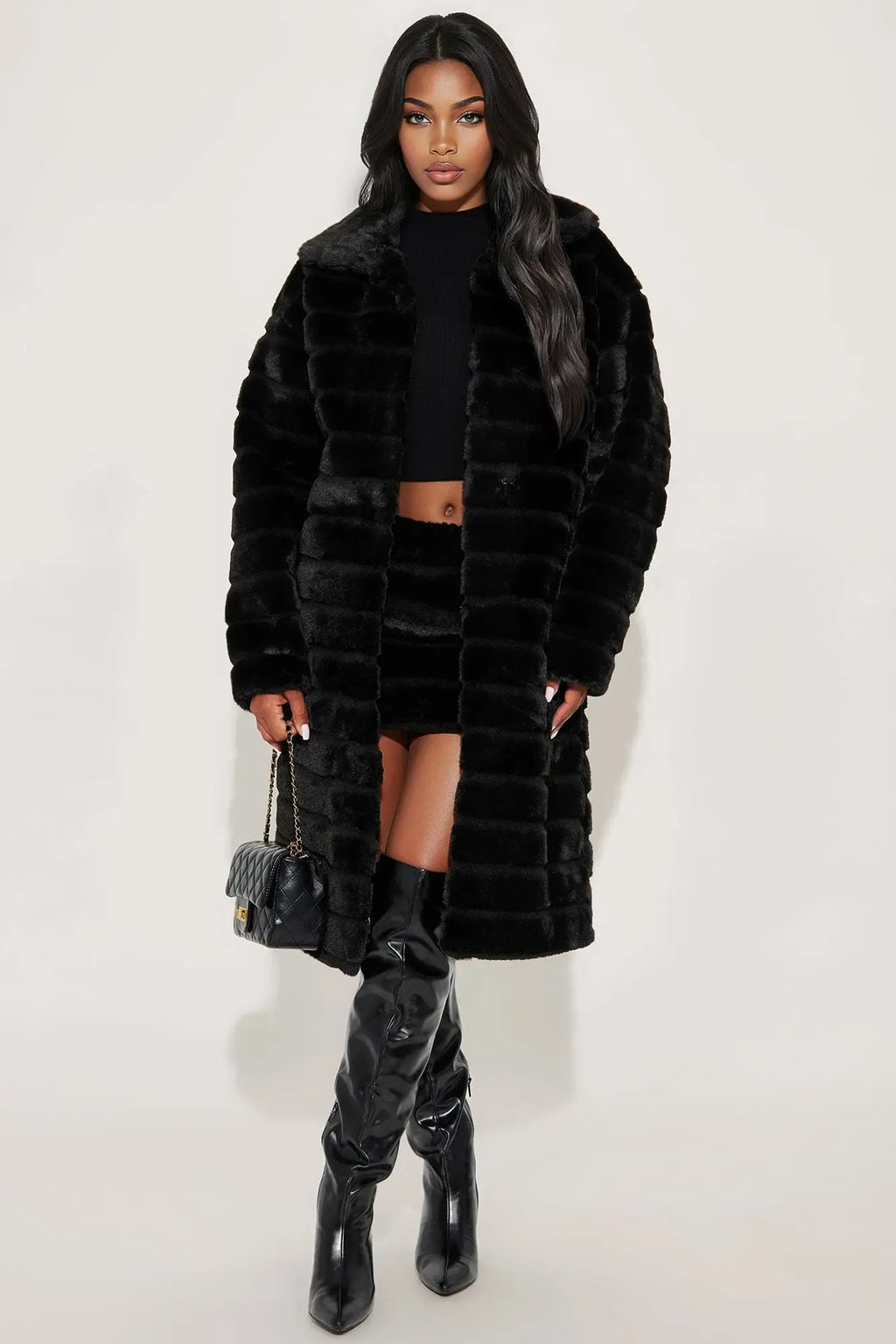 Paloma Faux Fur Trench Coat - Black 