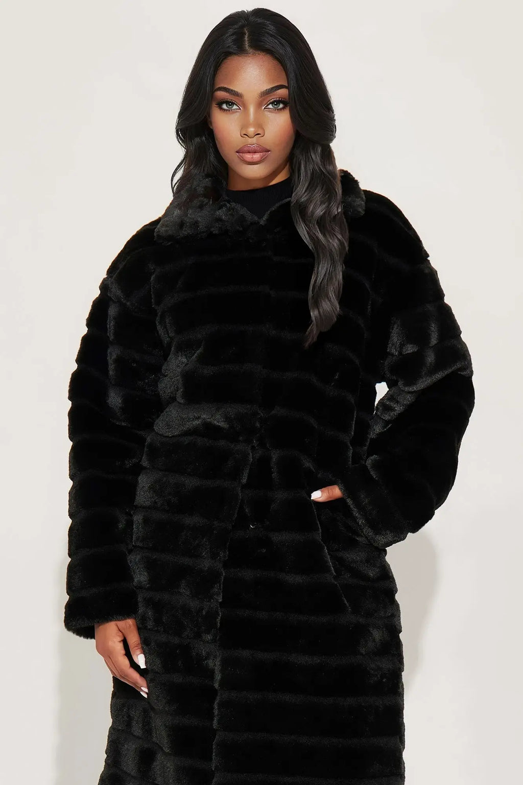 Paloma Faux Fur Trench Coat - Black 