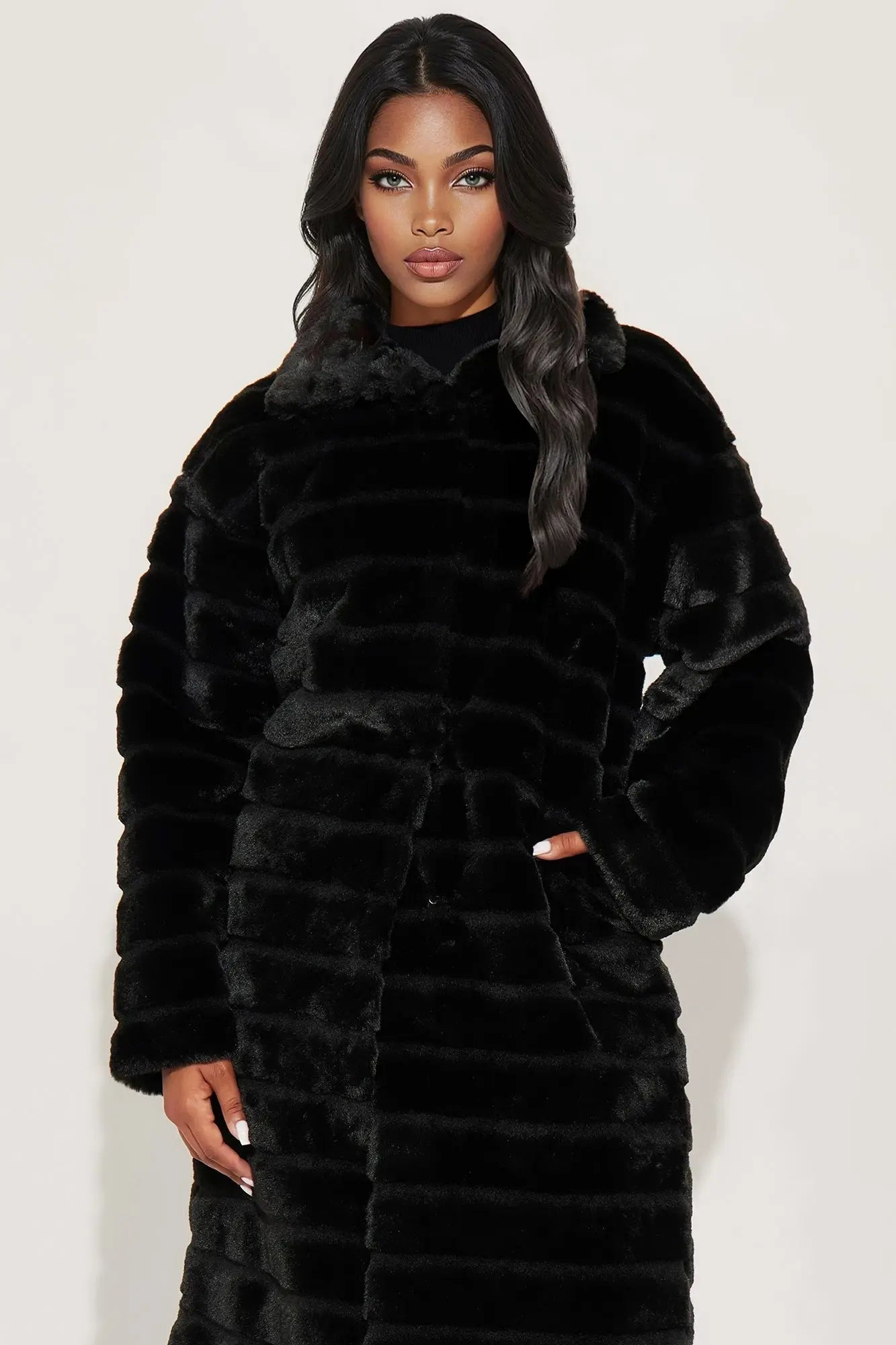 Paloma Faux Fur Trench Coat - Black 
